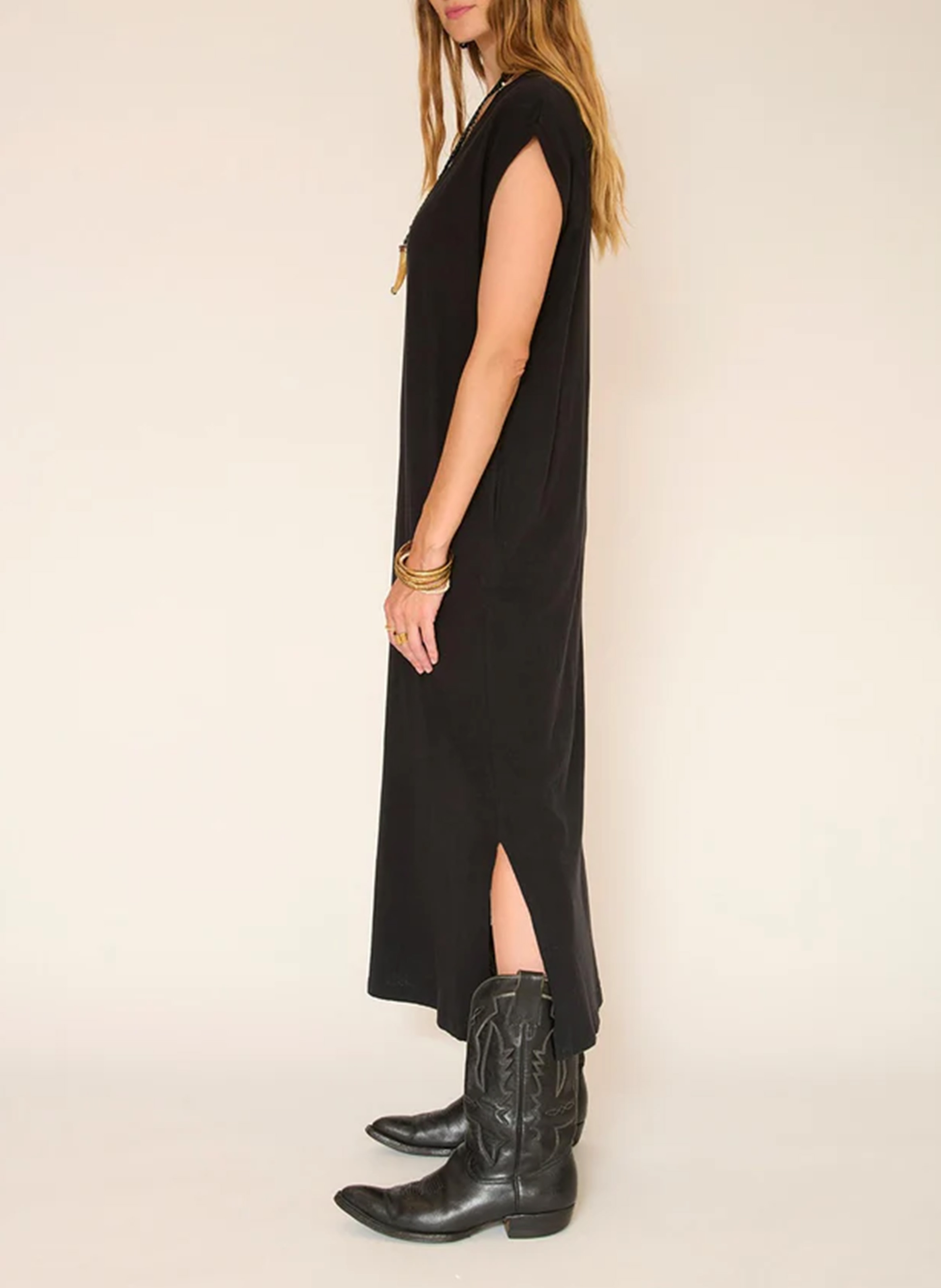Long v-neck dress in blended cotton and linen MKT Black