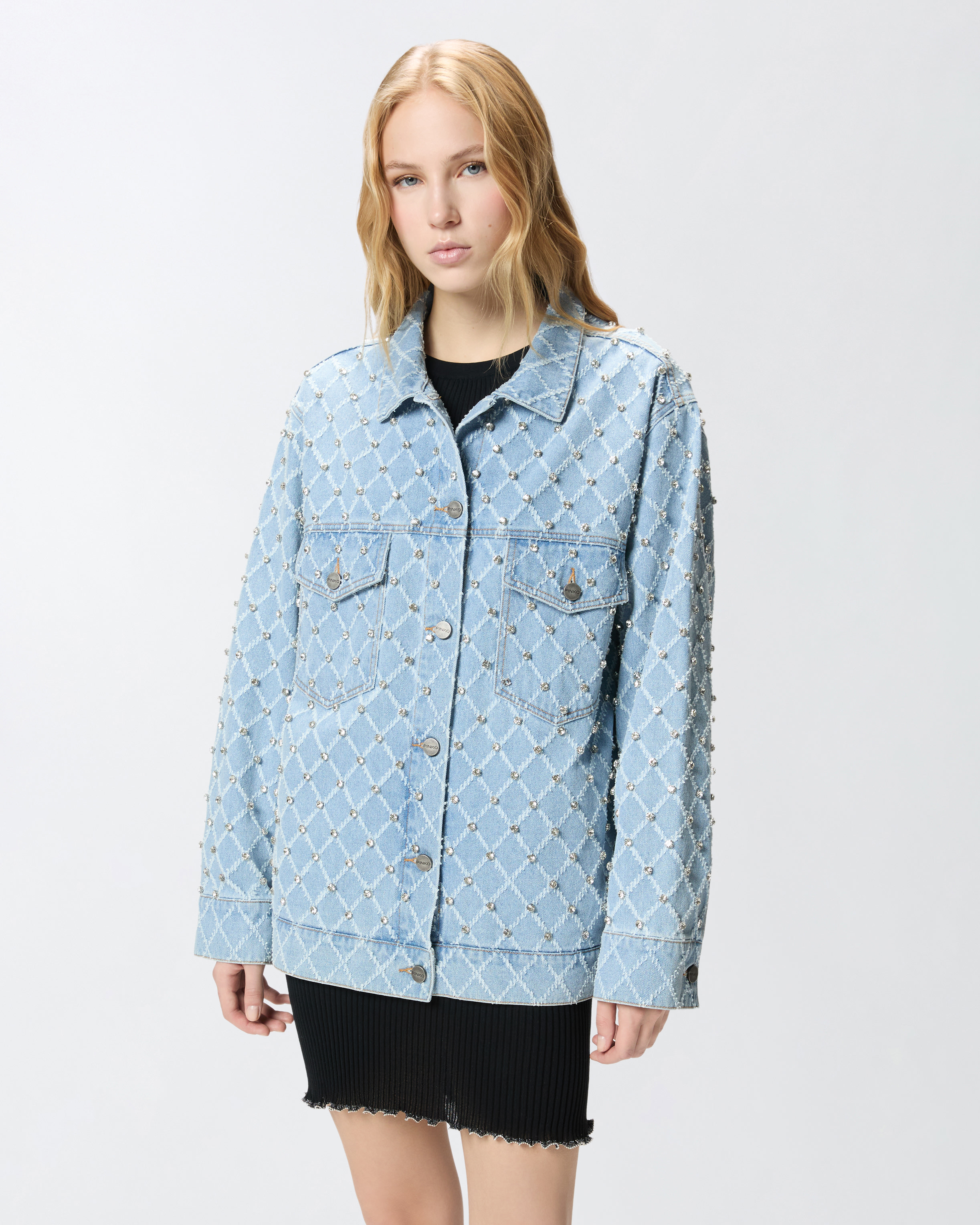 Denim jacket with diamond-shaped patterns and rhinestones PINKO Blue