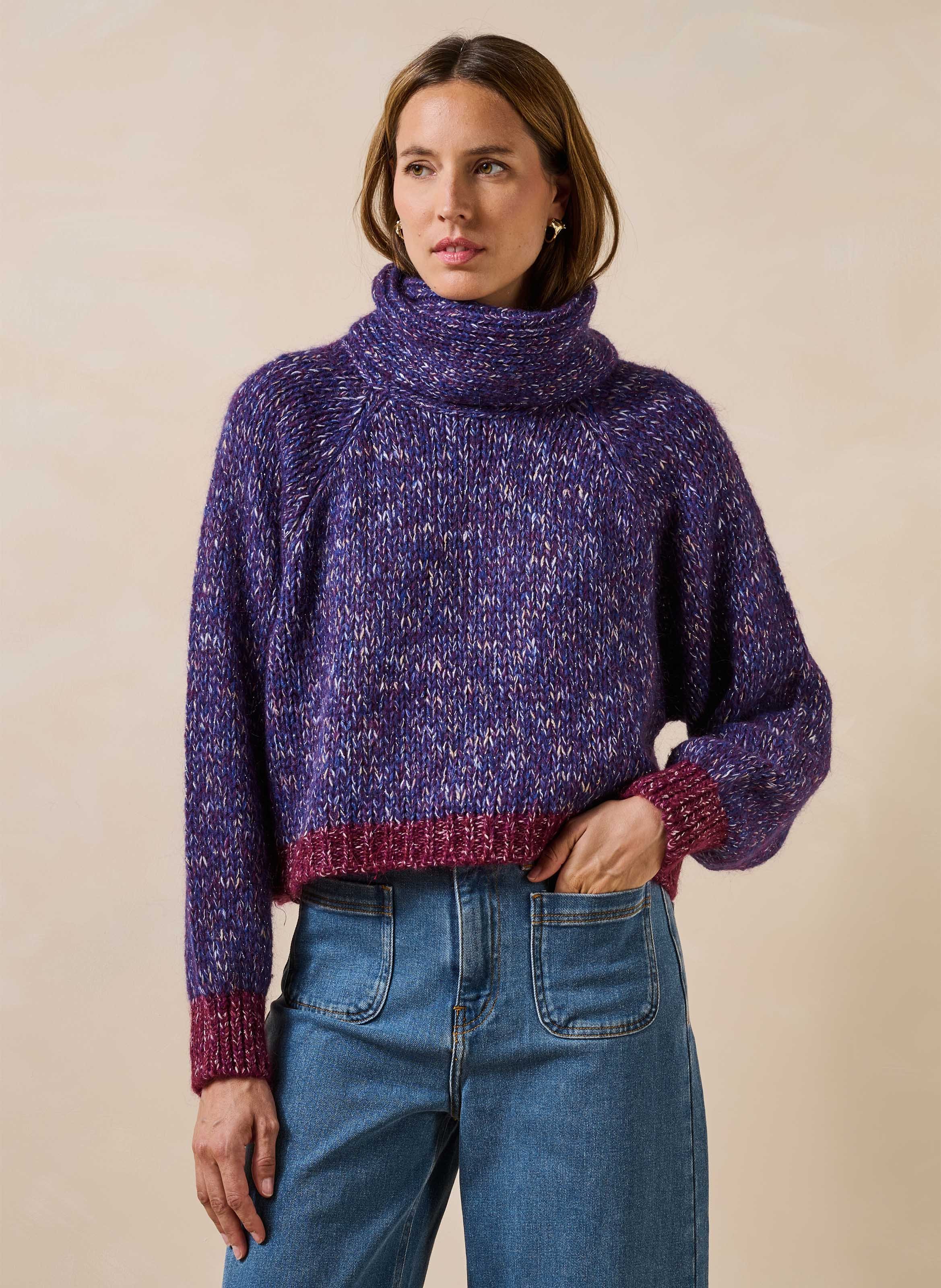Pull oversize col montant en maille LA FEE MARABOUTEE Violet