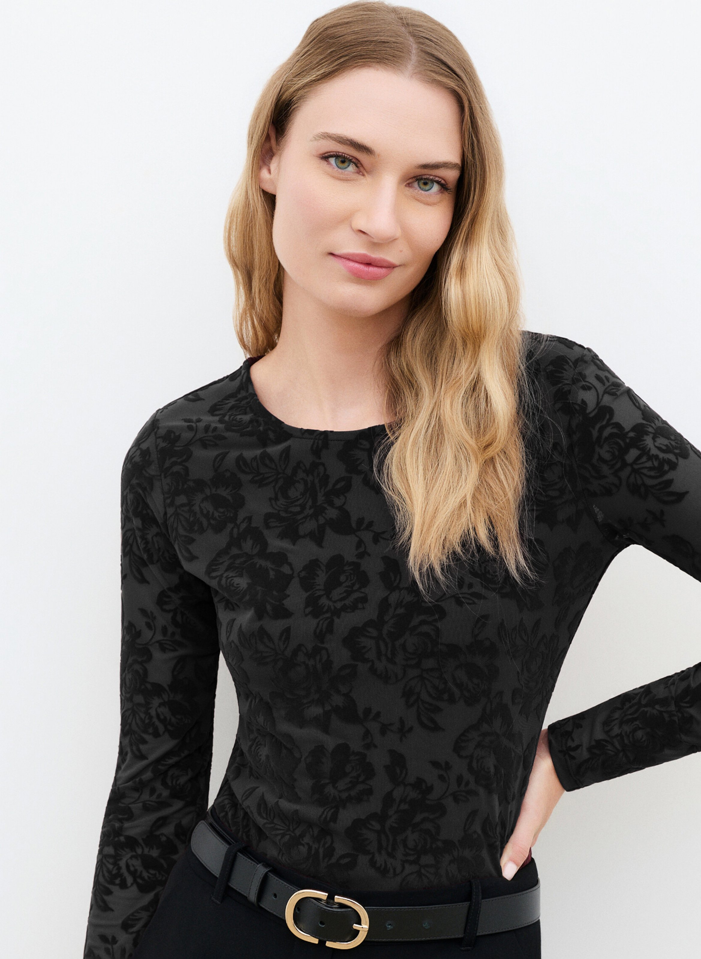 Transparentes Top mit Rundhalsausschnitt und Muster CAROLL Schwarz