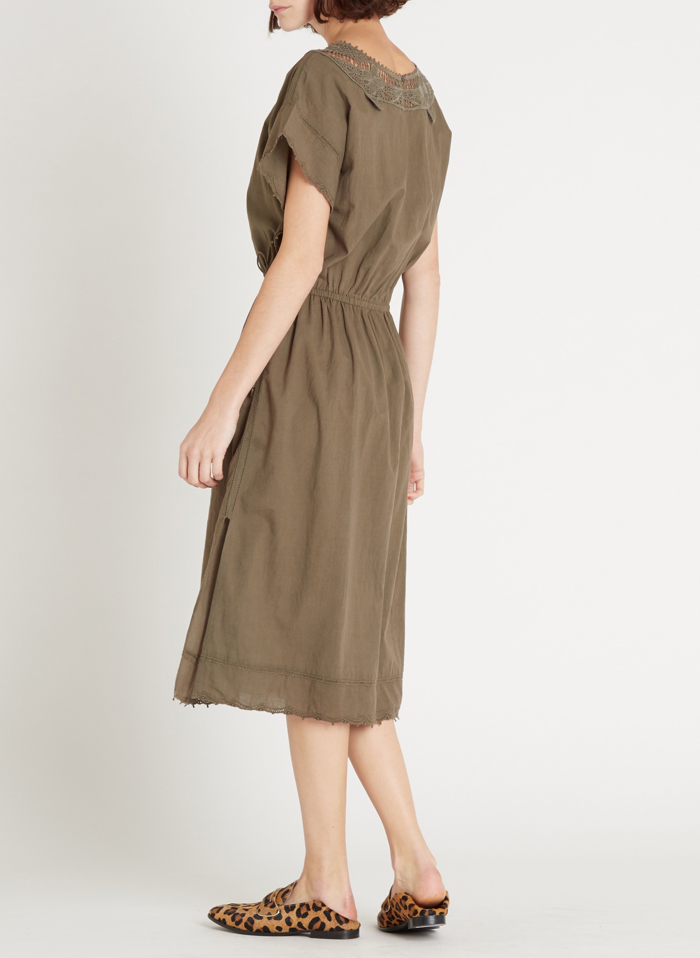 Robe midi cintrée brodée en coton SWILDENS Kaki