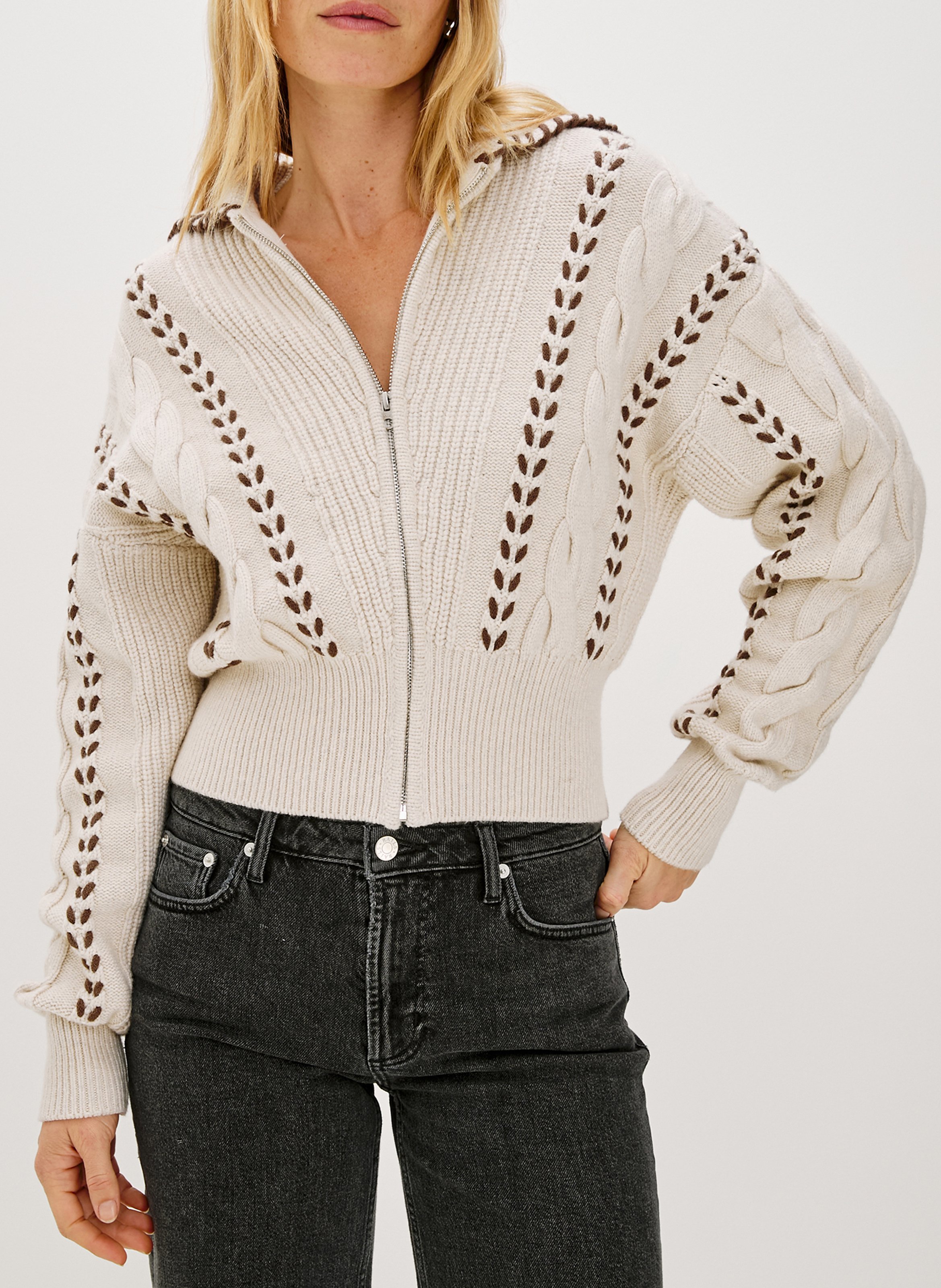 Gilet court zippé en maille tressée RAILS Beige