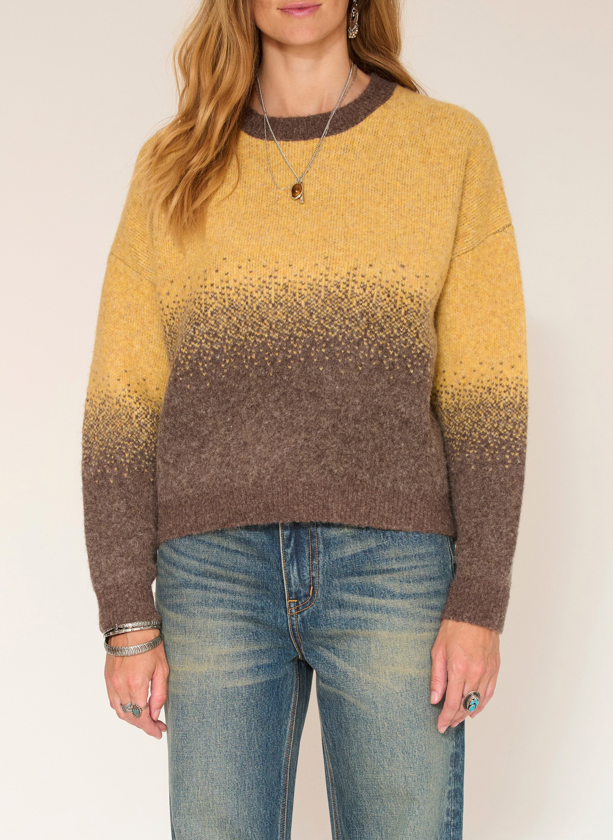 Pull ample col rond jacquard en laine mélangée MKT Jaune