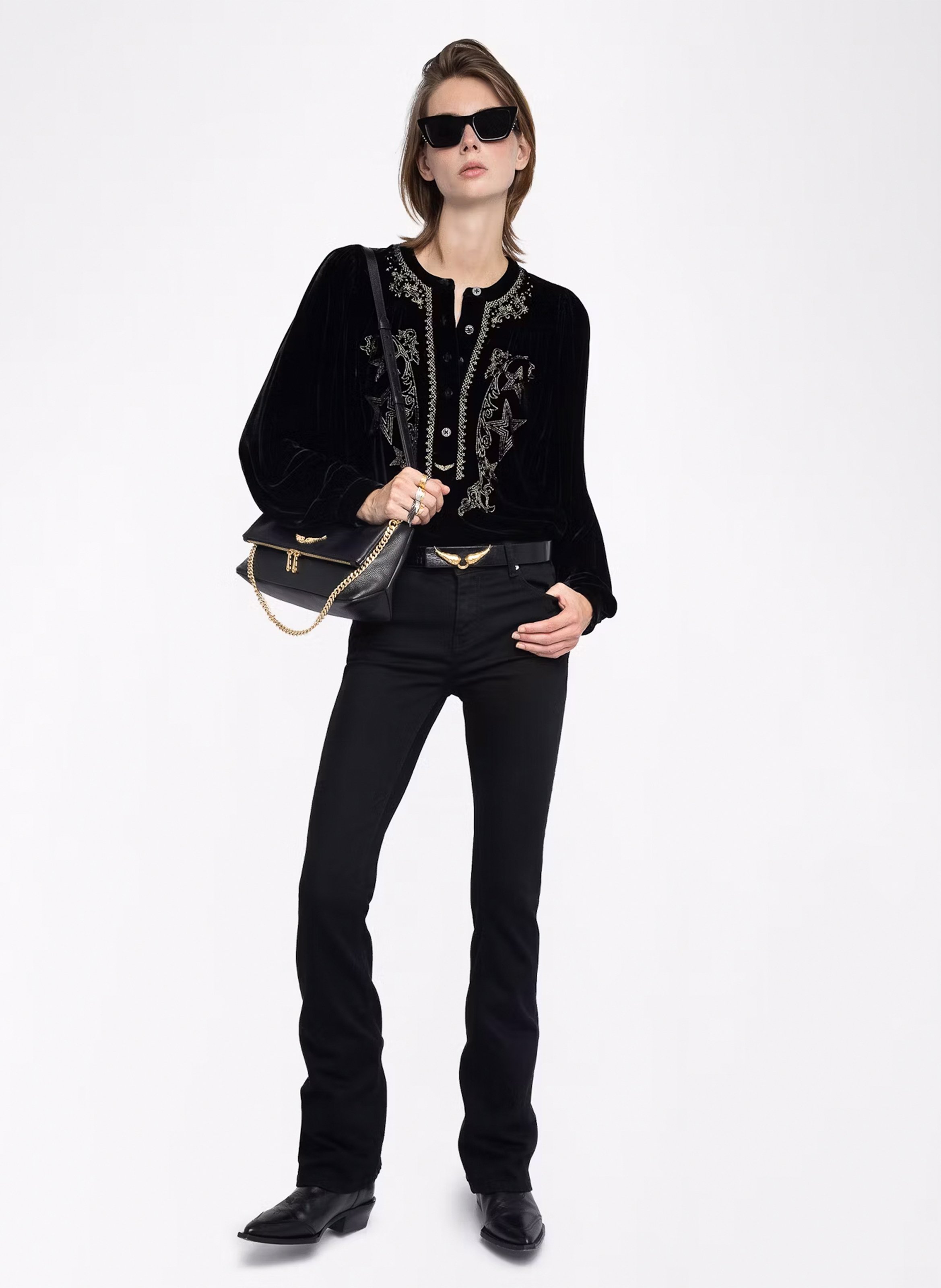 Blouse en velours brodéee col rond ZADIG&VOLTAIRE Noir