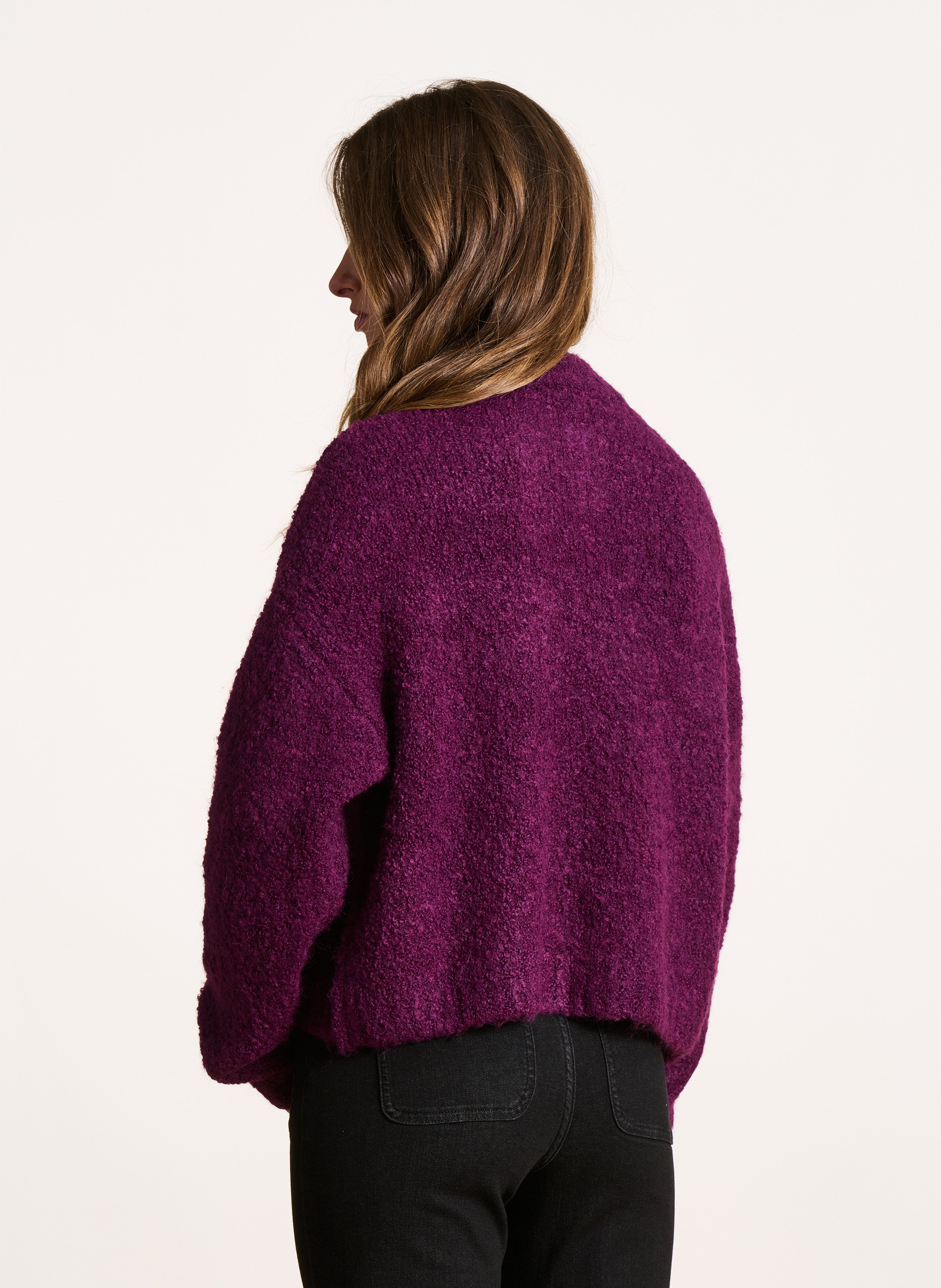 Straight round-neck cardigan in bouclé knit LA FEE MARABOUTEE Purple