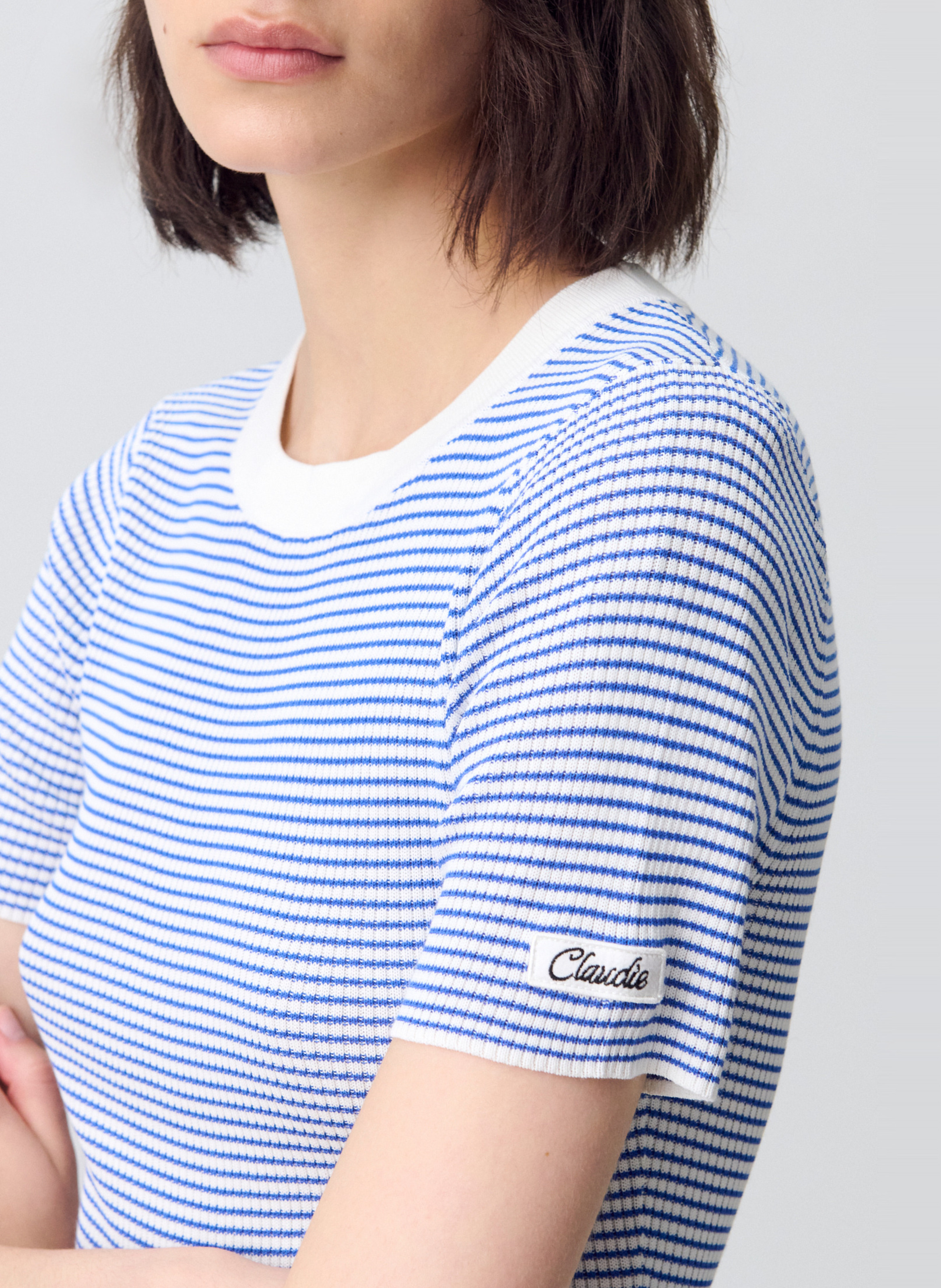 Fitted top in striped knit fabric Blue