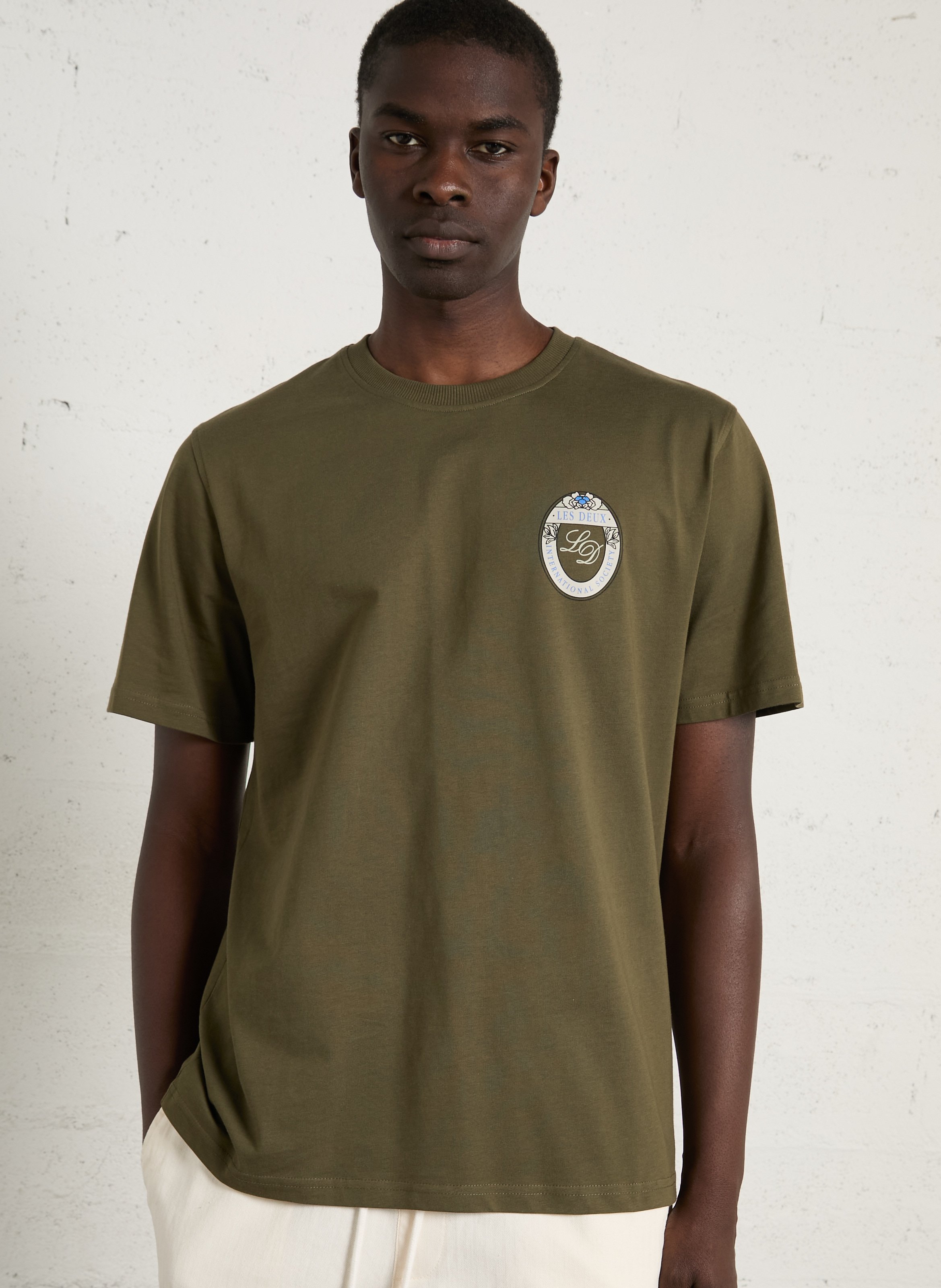 Tee-shirt droit col rond sérigraphié en coton organique LES DEUX Kaki