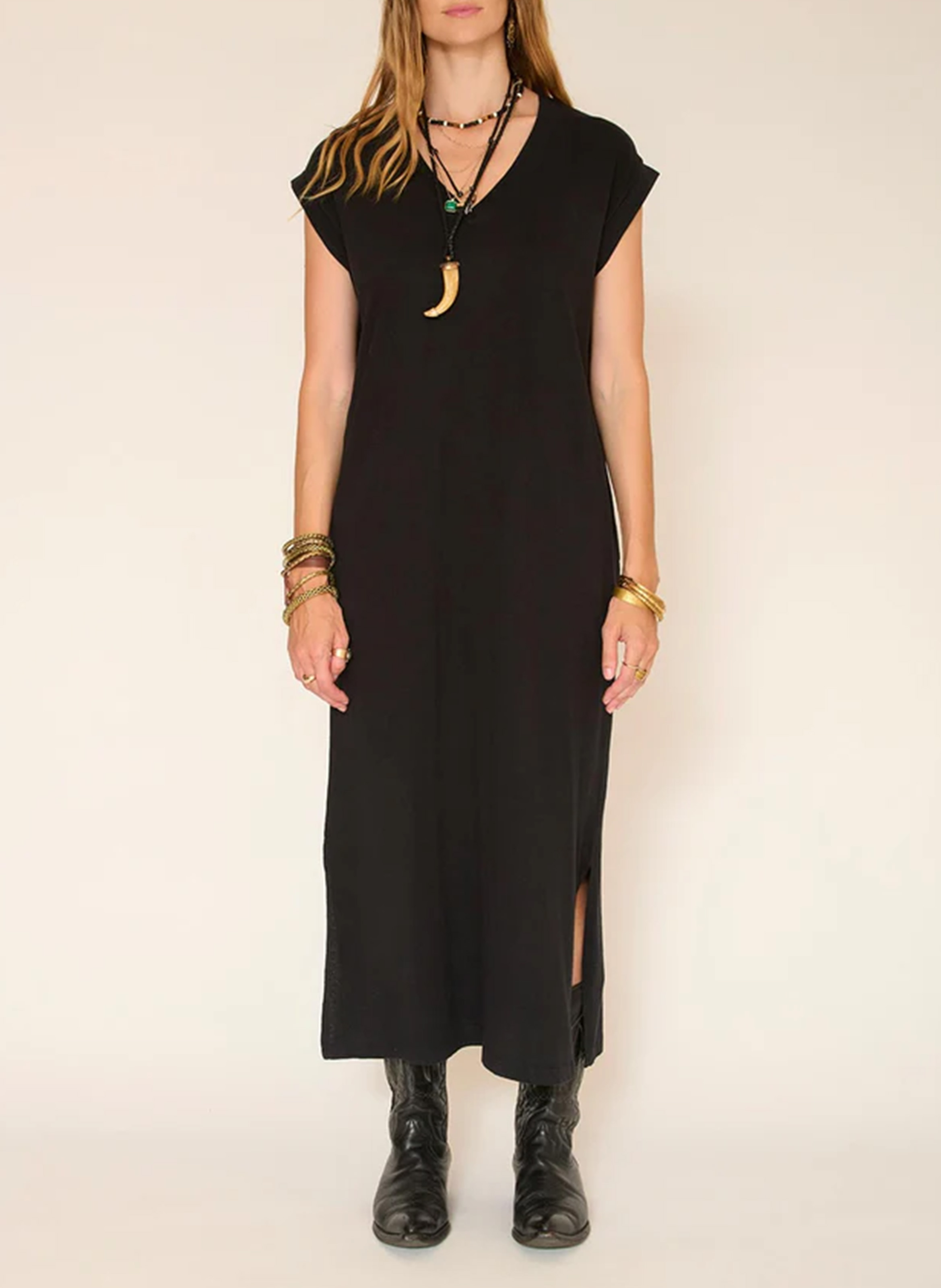 Long v-neck dress in blended cotton and linen MKT Black