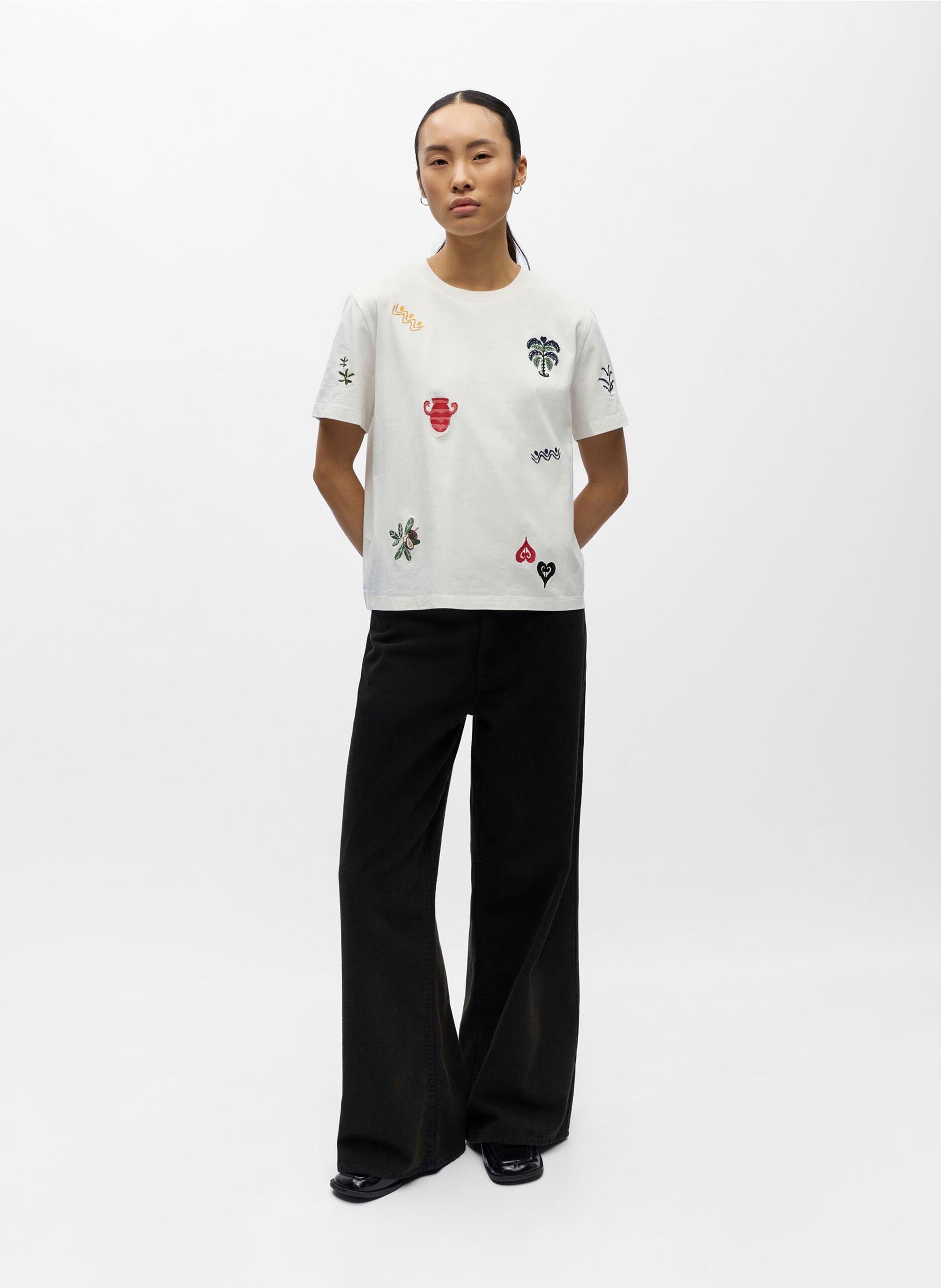 Straight-cut round-neck T-shirt in embroidered cotton OBJECT Beige