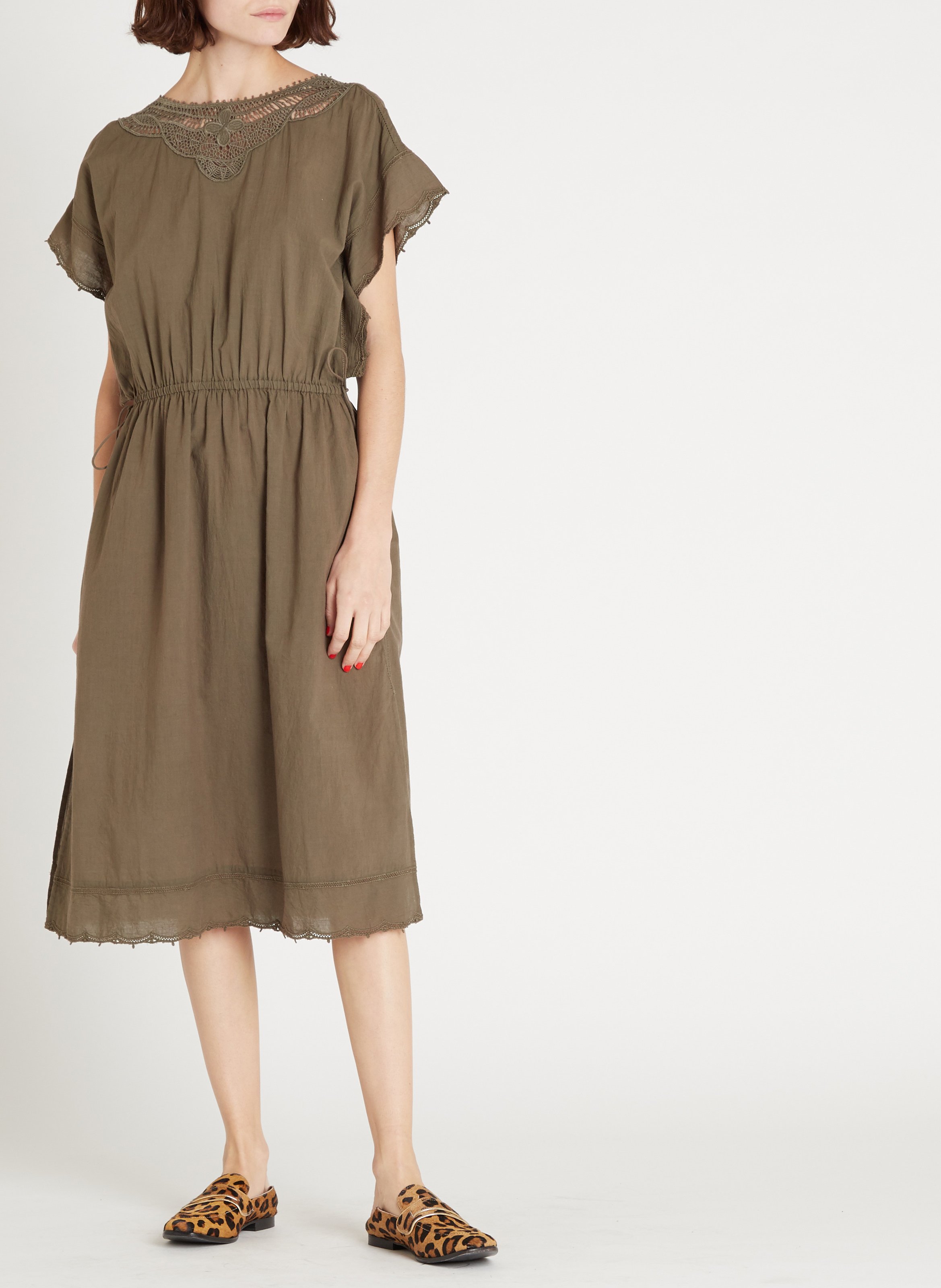 Robe midi cintrée brodée en coton SWILDENS Kaki