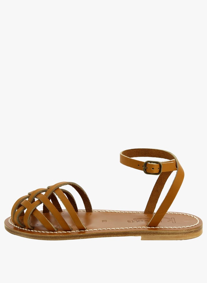 Sandales plates ajour es brides en cuir Marron