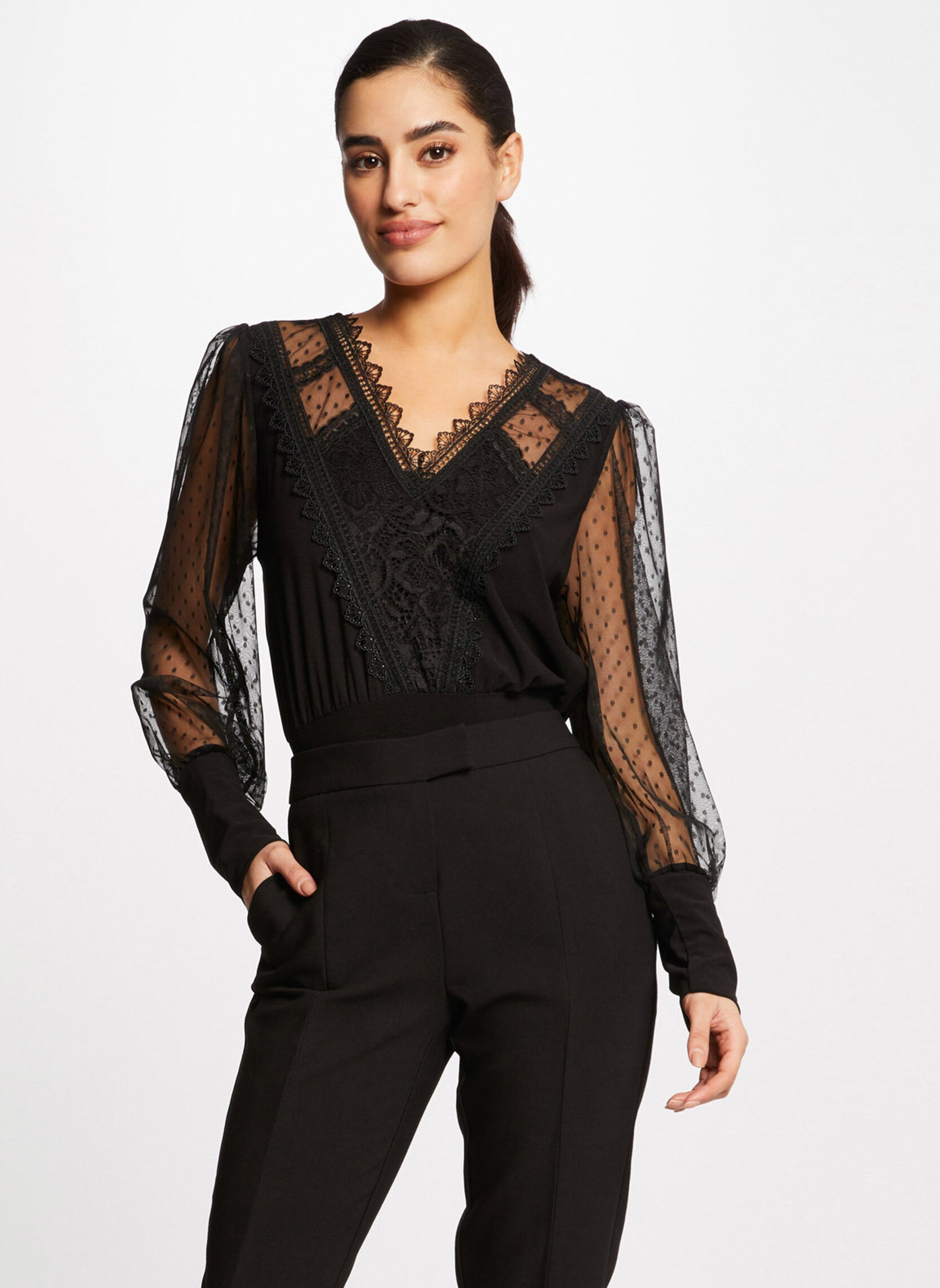 Buttoned printed V-neck top MORGAN Black
