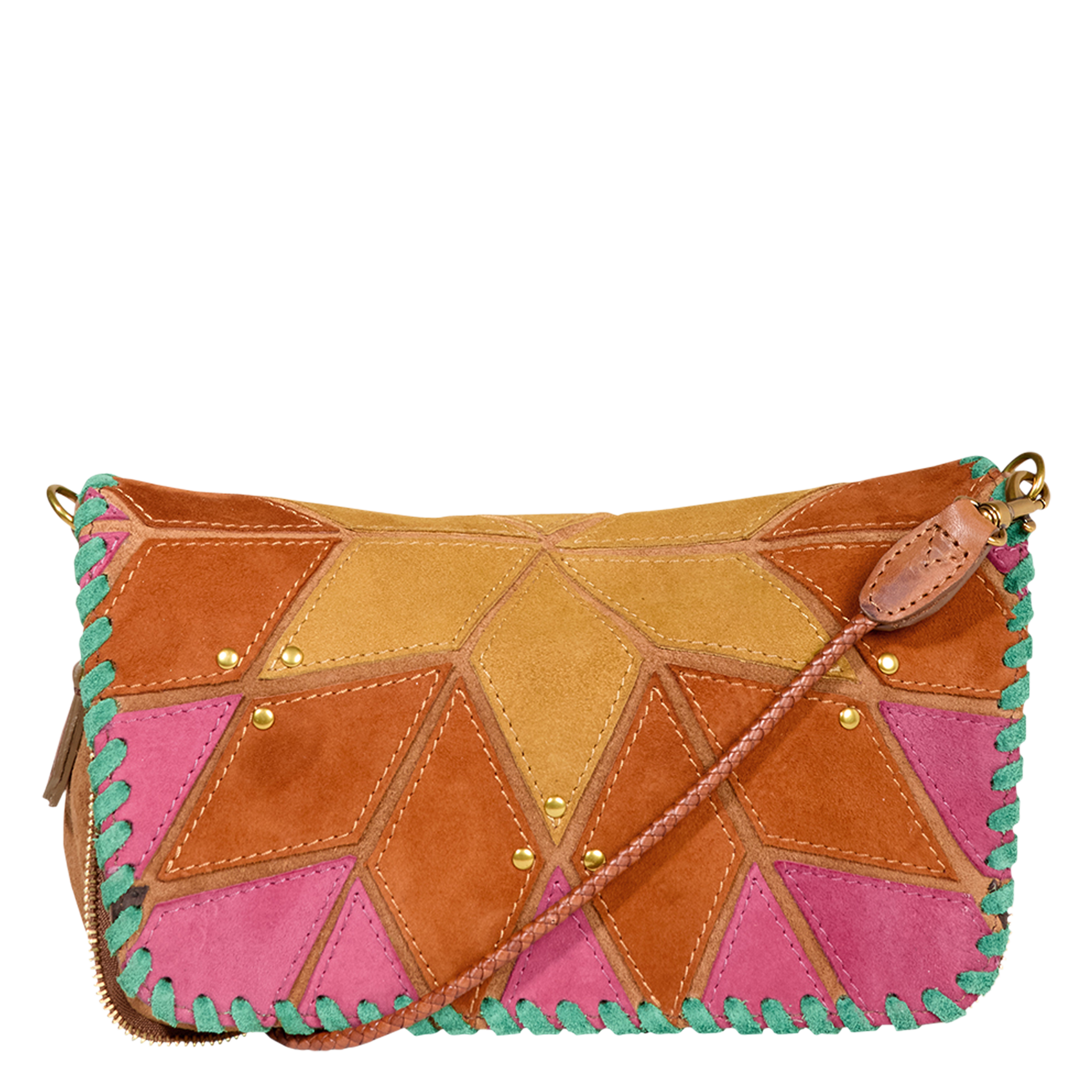 Umhängetasche mit fantasievollem Klappverschluss aus Leder Mehrfarbig