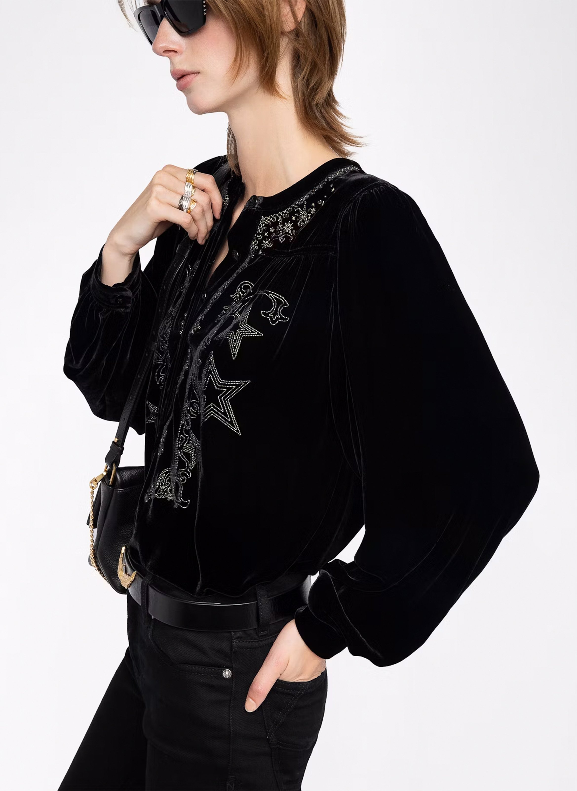 Blouse en velours brodéee col rond ZADIG&VOLTAIRE Noir