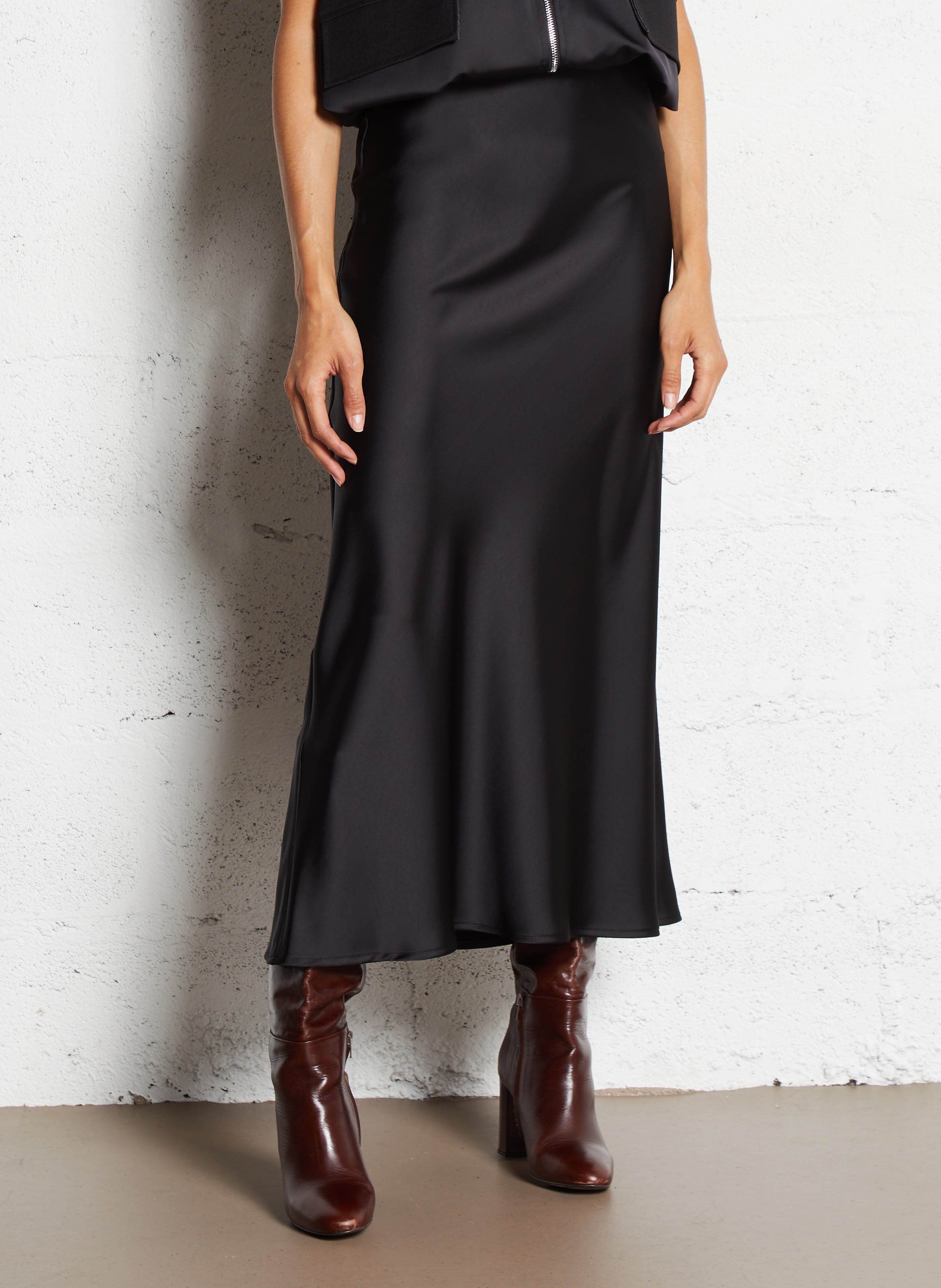 Flowy long satin skirt IMPERIAL Black
