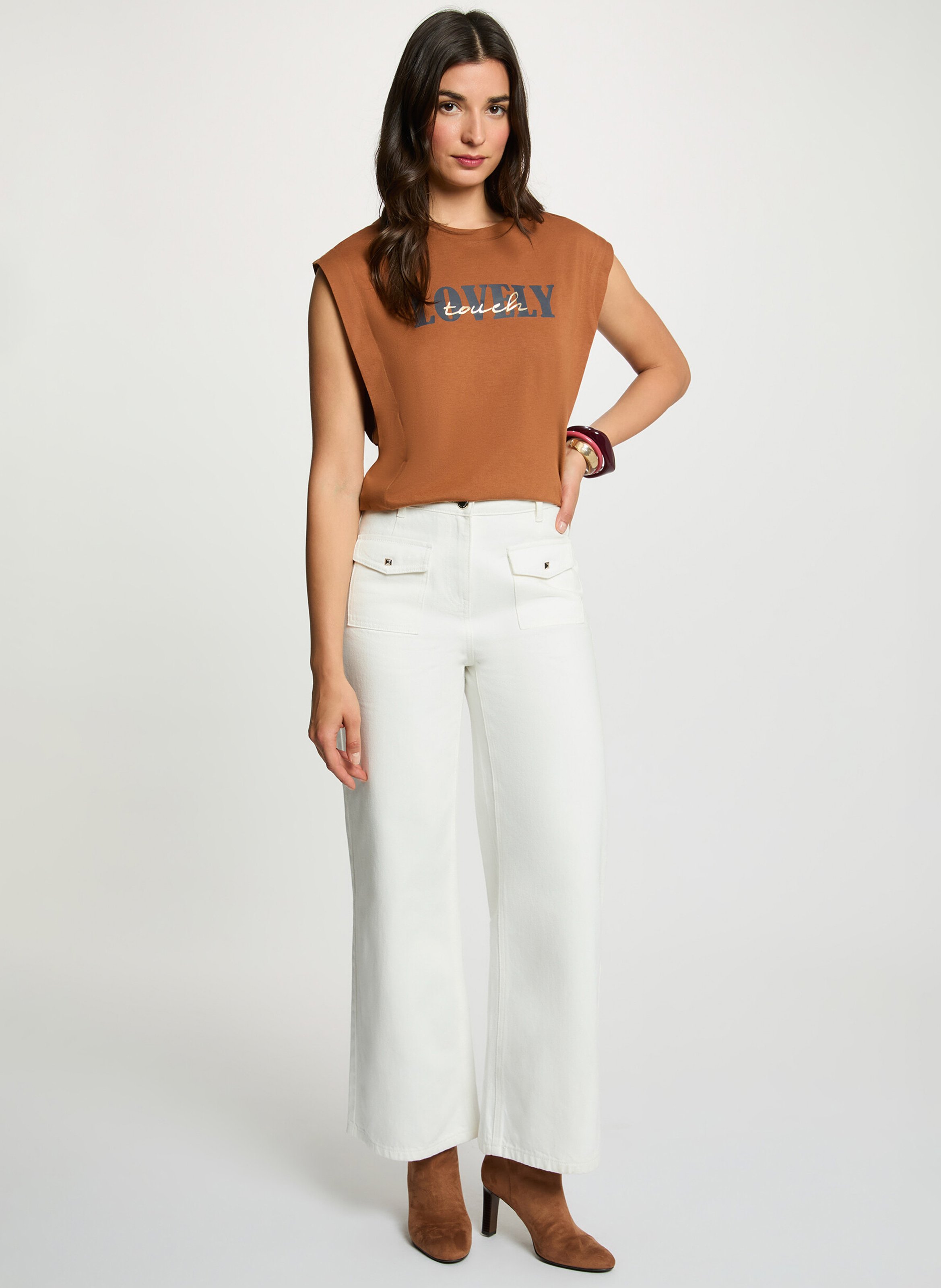 Mouwloos T-shirt met zeefdruk MORGAN Bruin