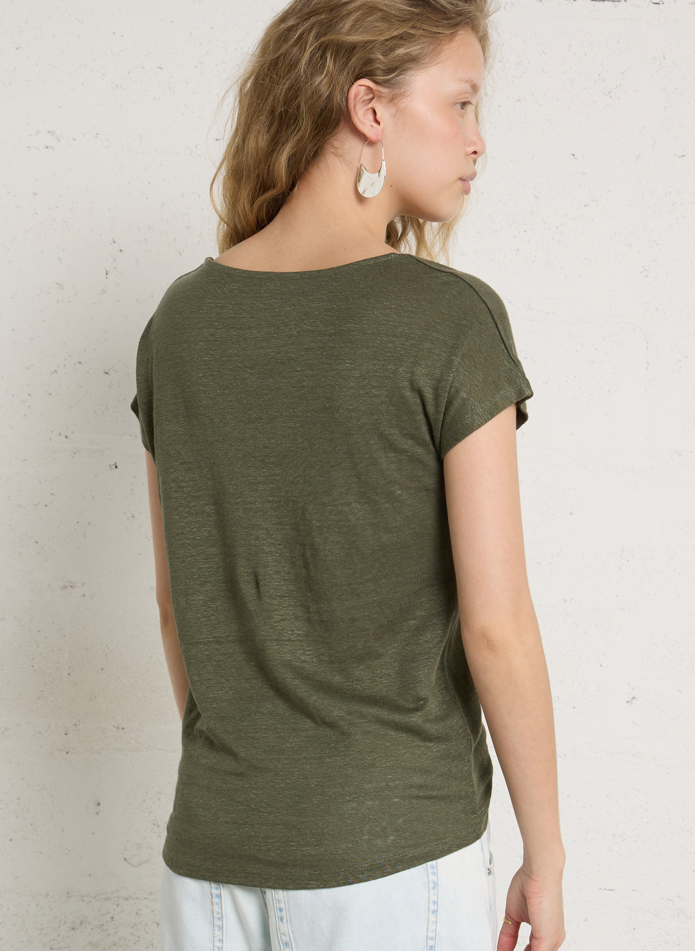 Tee-shirt droit col V en lin NEWTONE Kaki