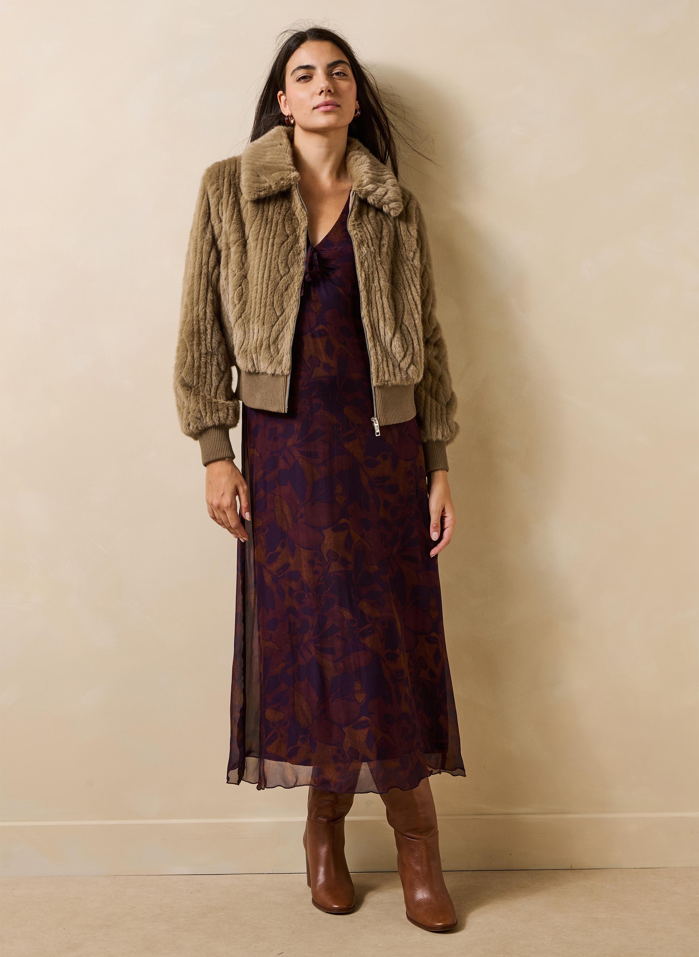 Manteau court effet fausse fourrure LA FEE MARABOUTEE Marron