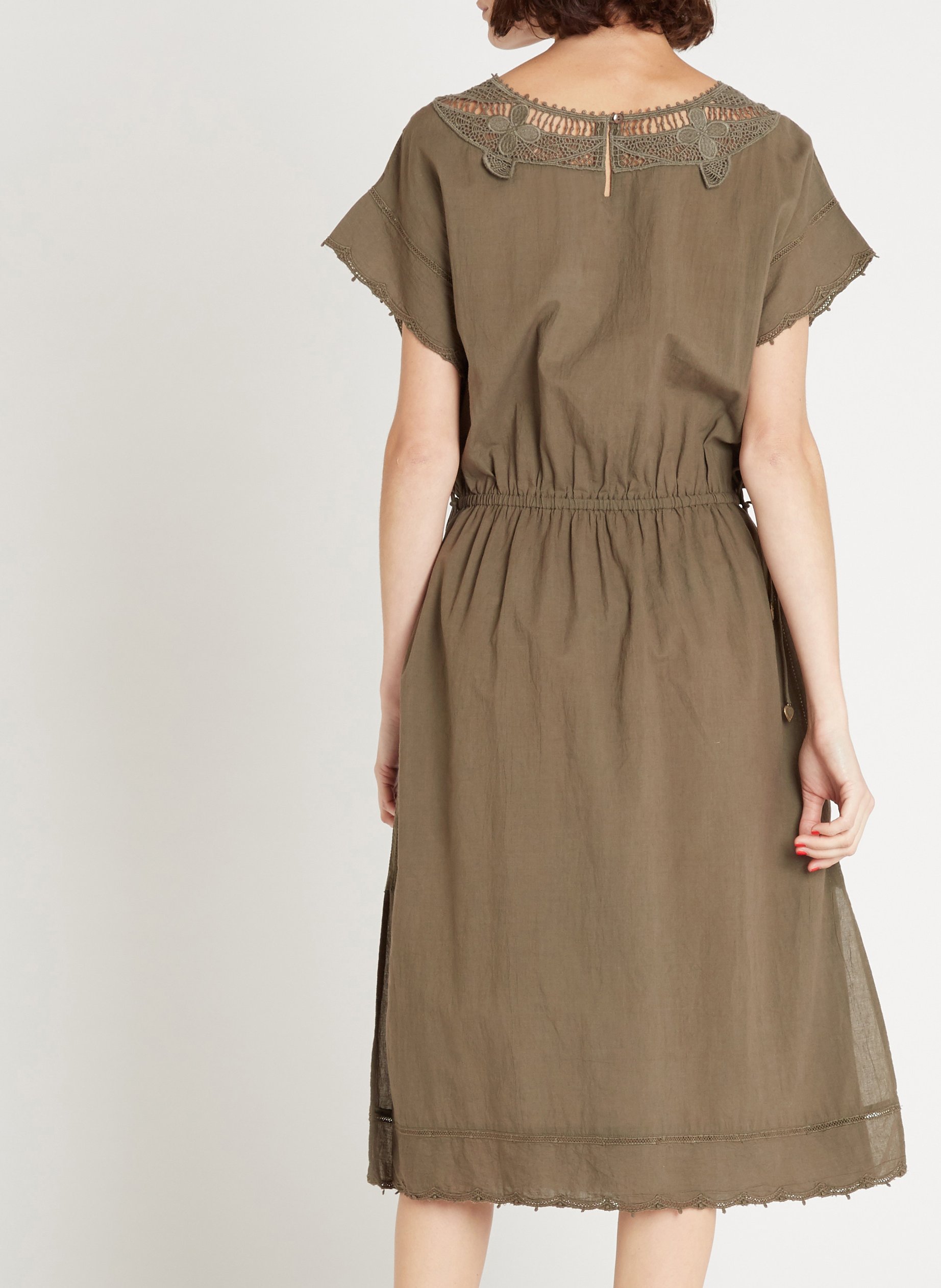 Robe midi cintrée brodée en coton SWILDENS Kaki