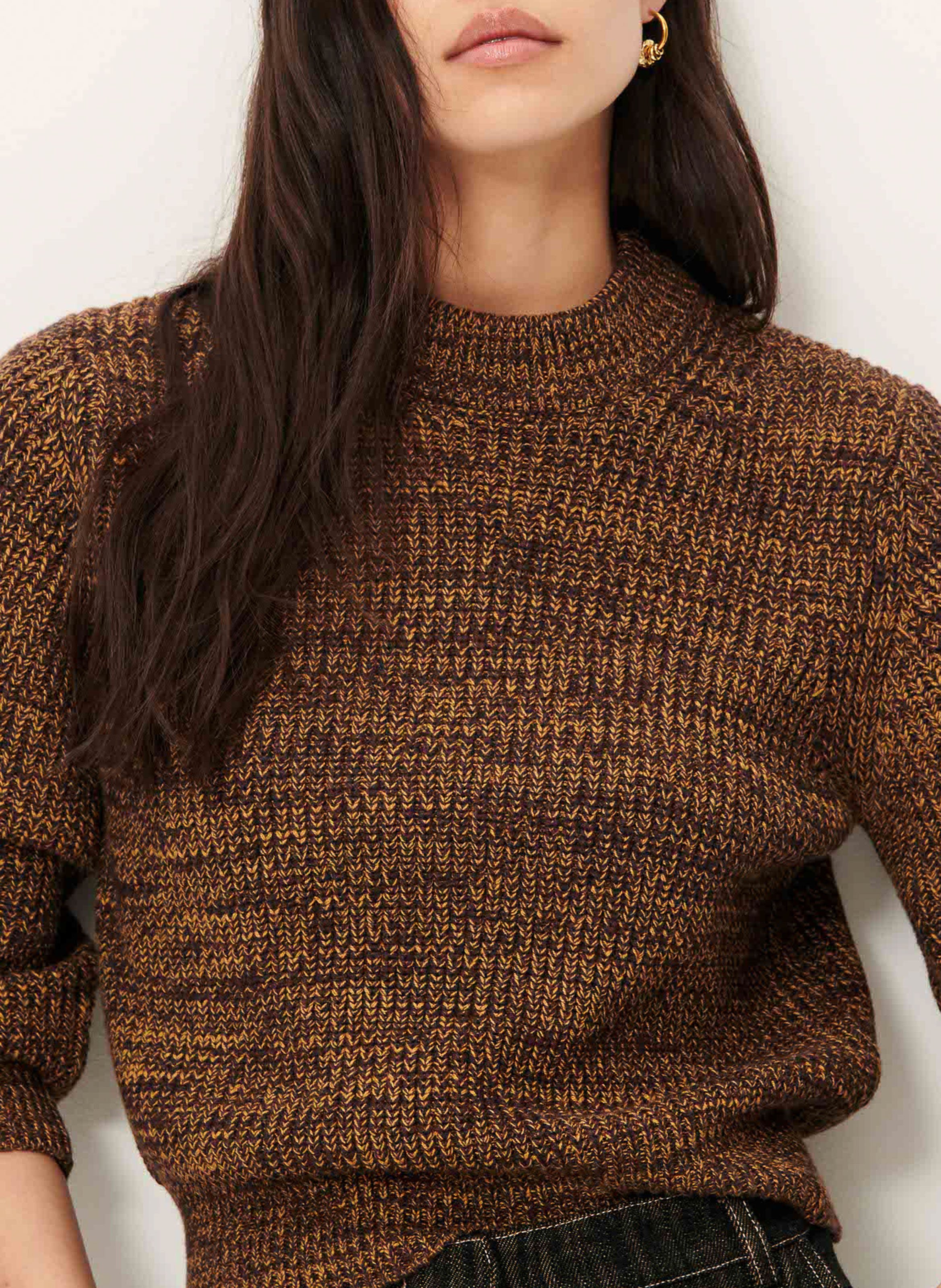 Pull ajusté col rond en maille mélangée SESSUN Marron
