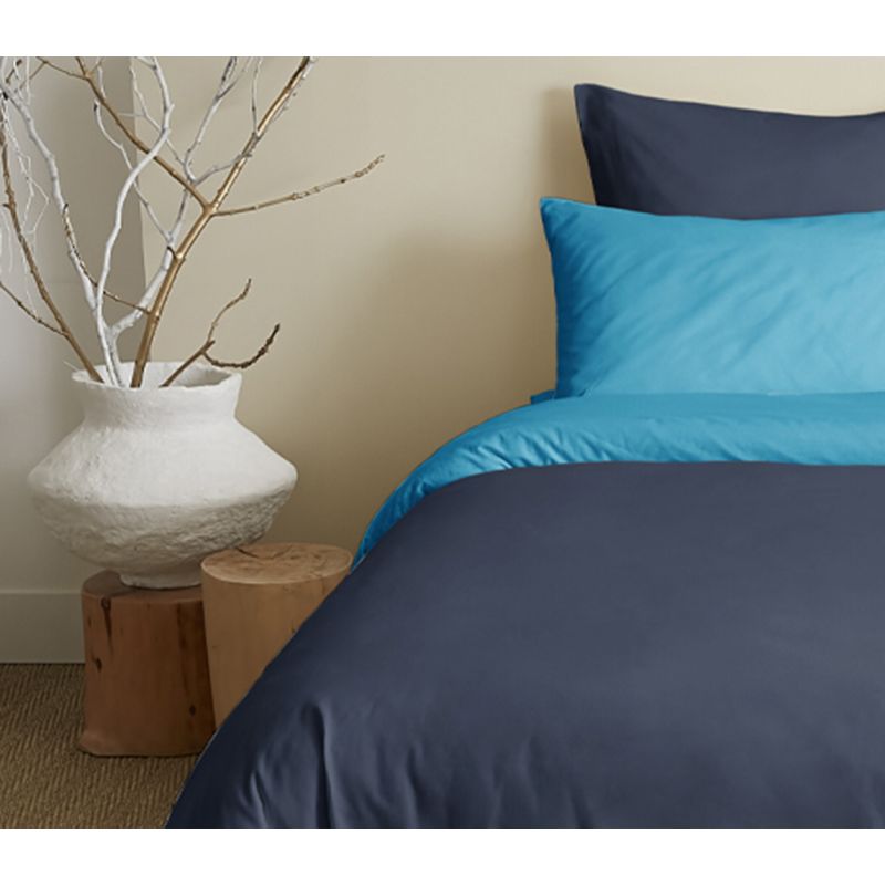 Complete set 6 pieces navy/turquoise reversible duvet cover for bed 140 x 190 cm COTON PUR Blue