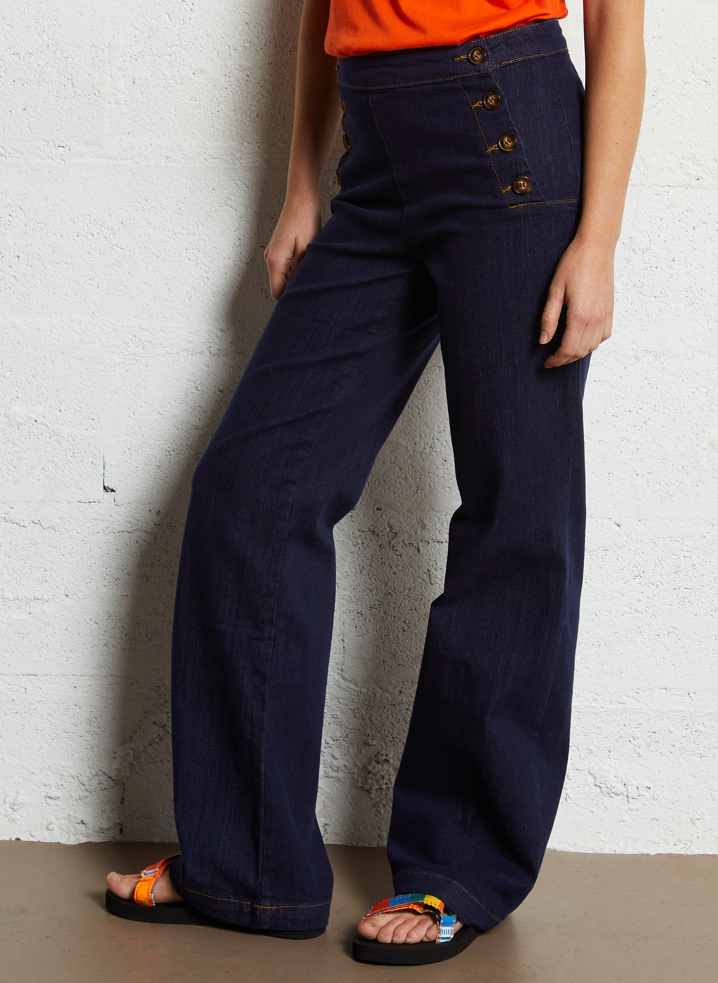 High-rise straight cotton-blend buttoned jeans Blue