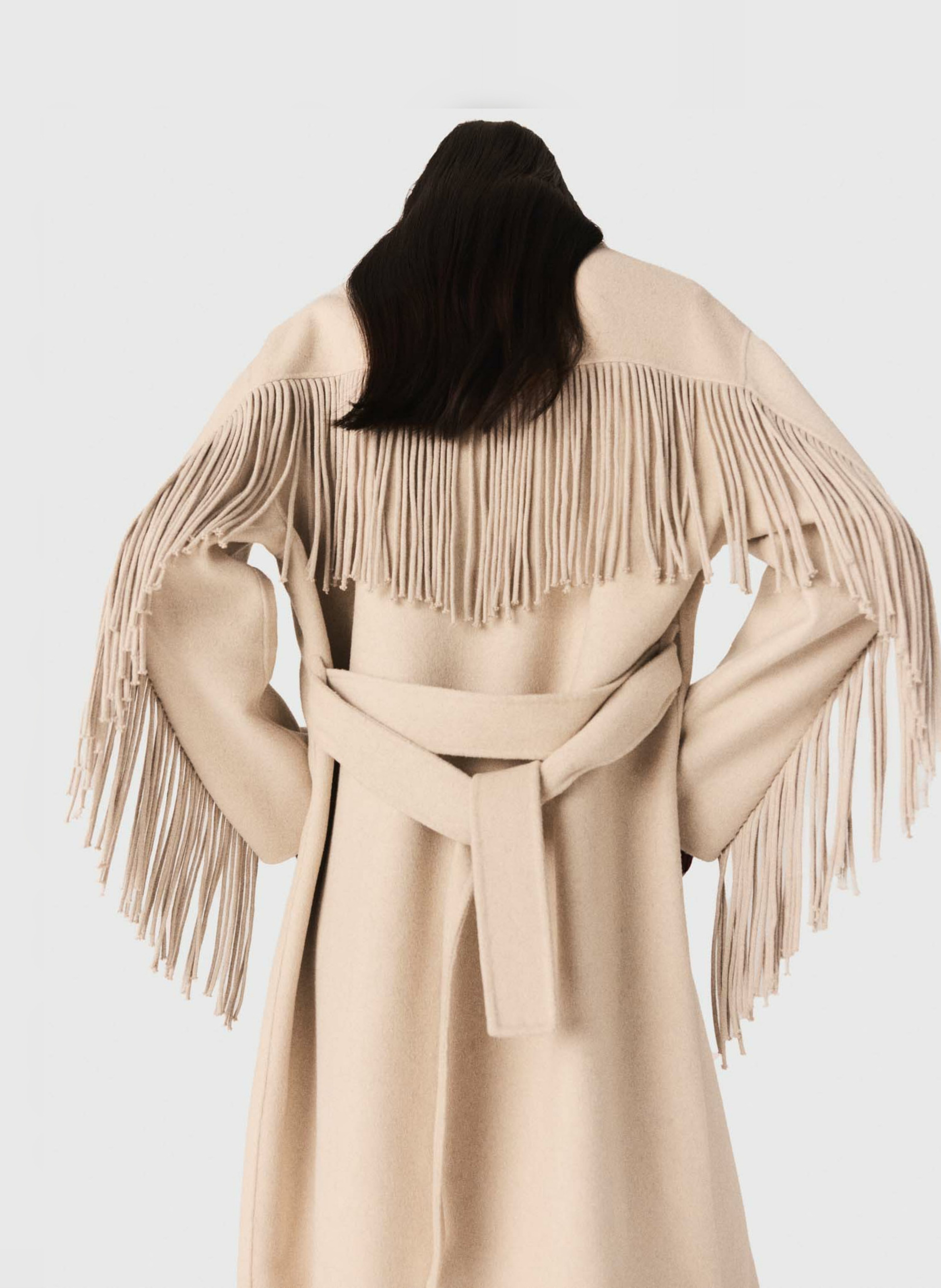 Manteau ceinturé uni à franges MAJE Beige