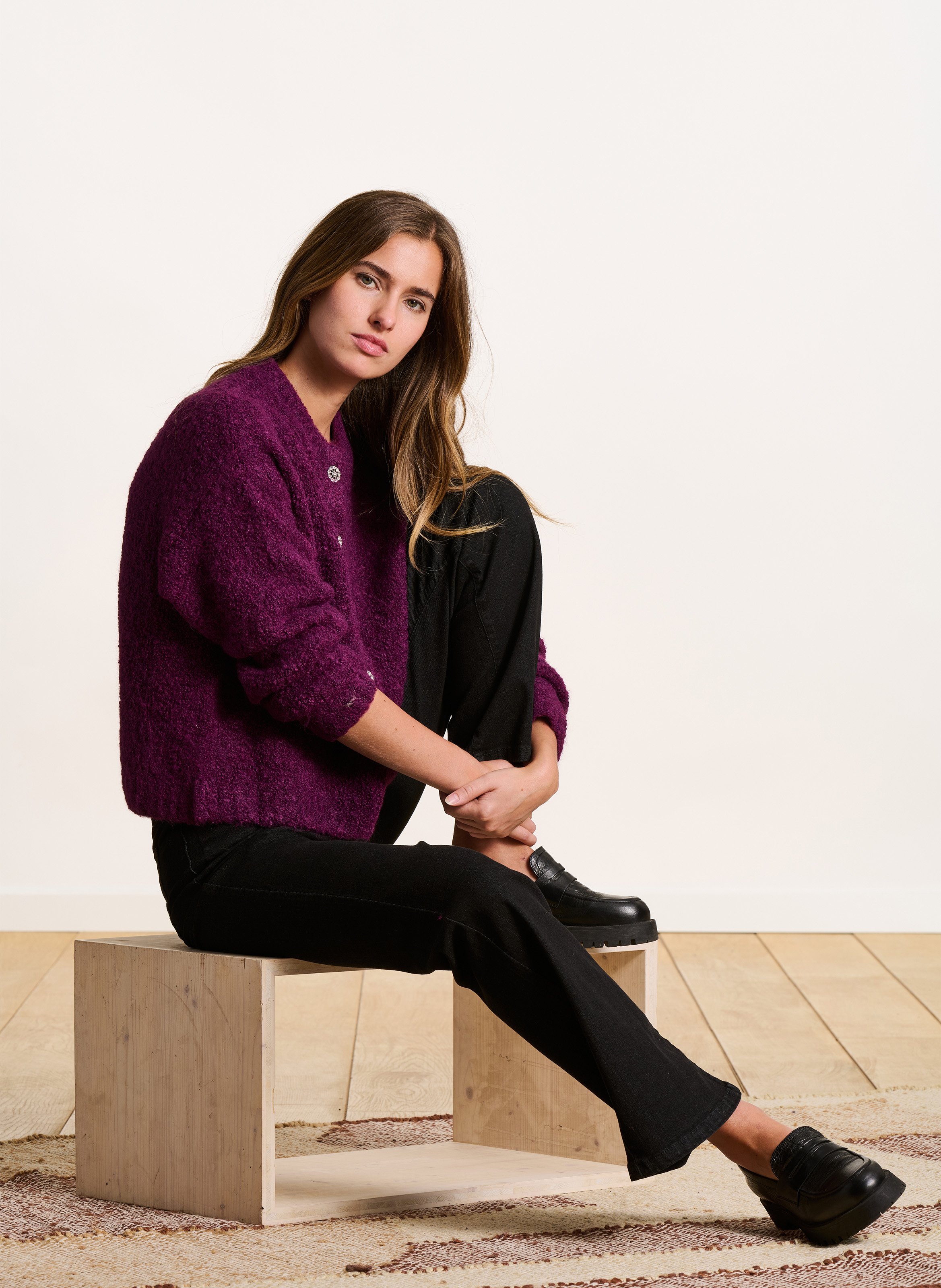 Straight round-neck cardigan in bouclé knit LA FEE MARABOUTEE Purple