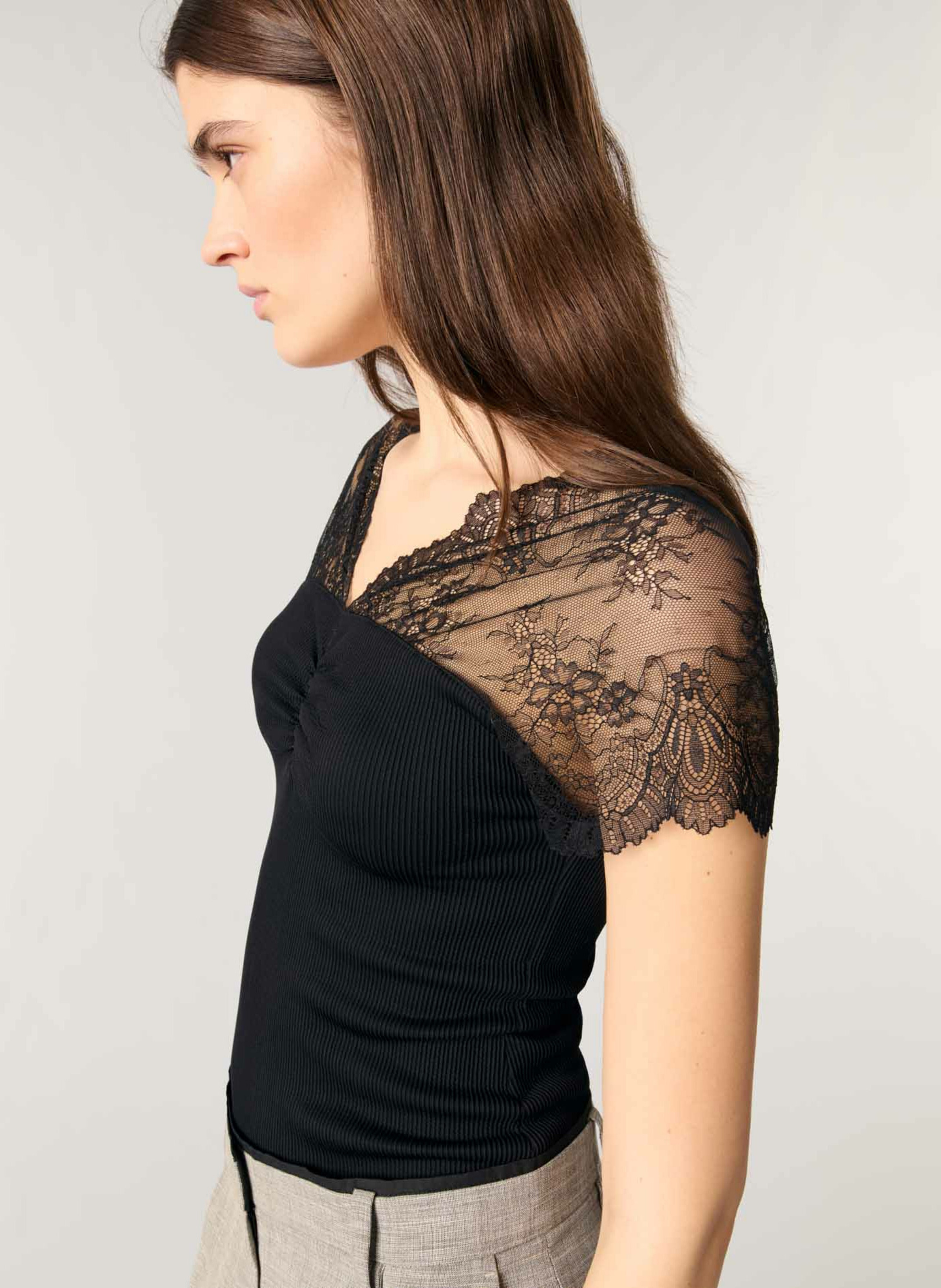 Top col V à dentelle  MAJE Noir