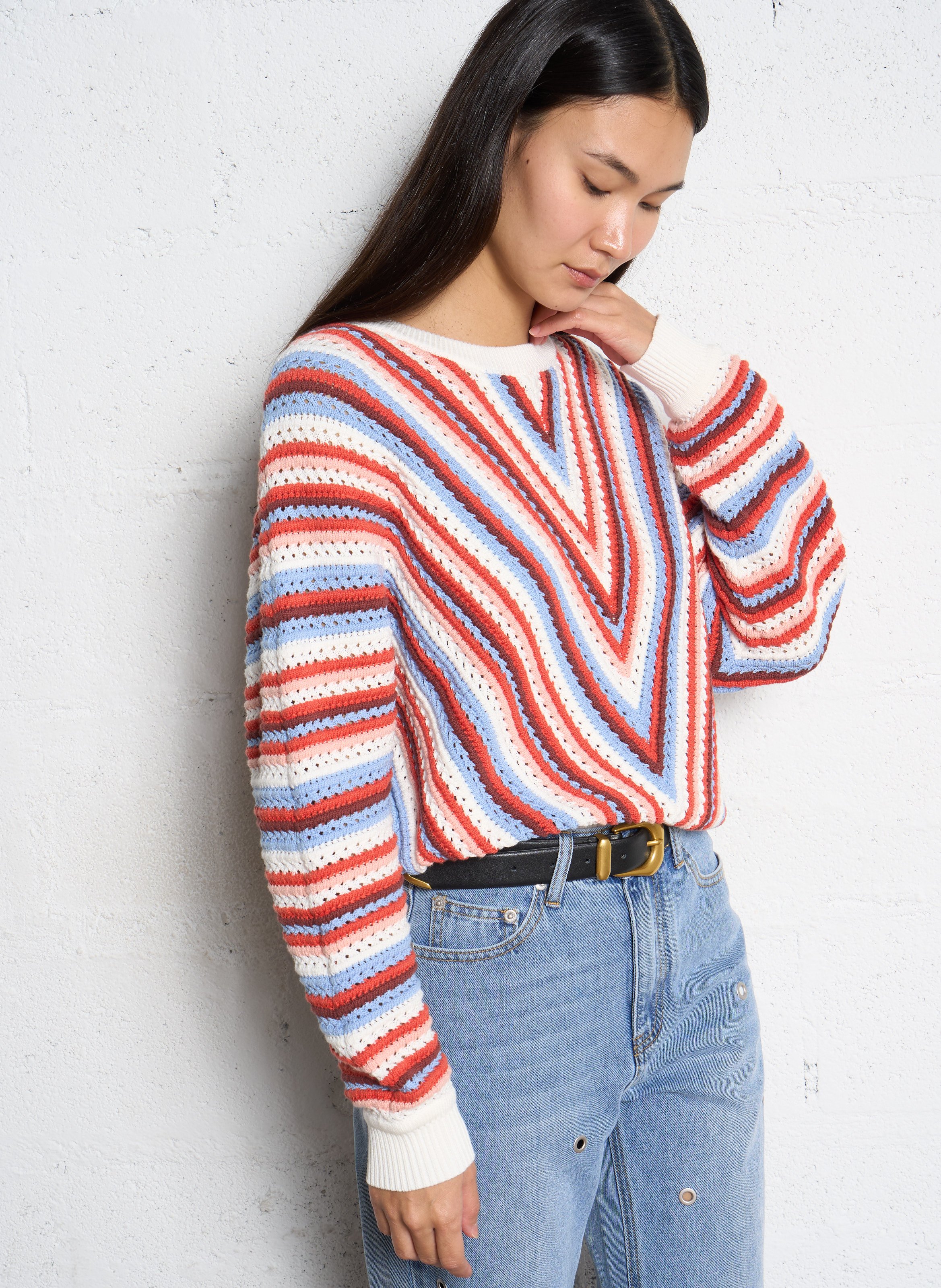 Pull ample à crochet imprimé en coton bio SUNCOO Blanc