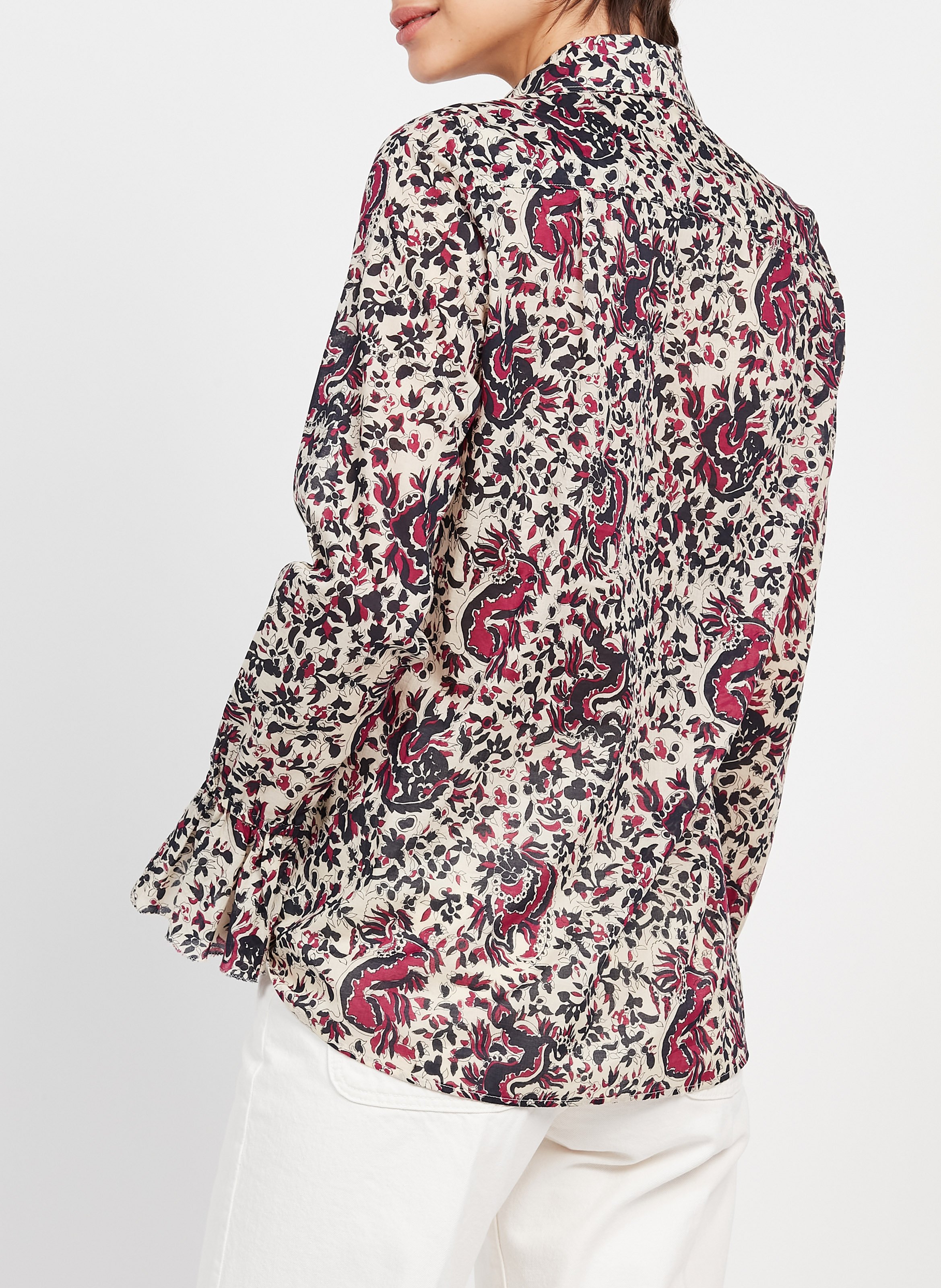 Chemise col classique imprimé floral à volants en coton  DIEGA Beige