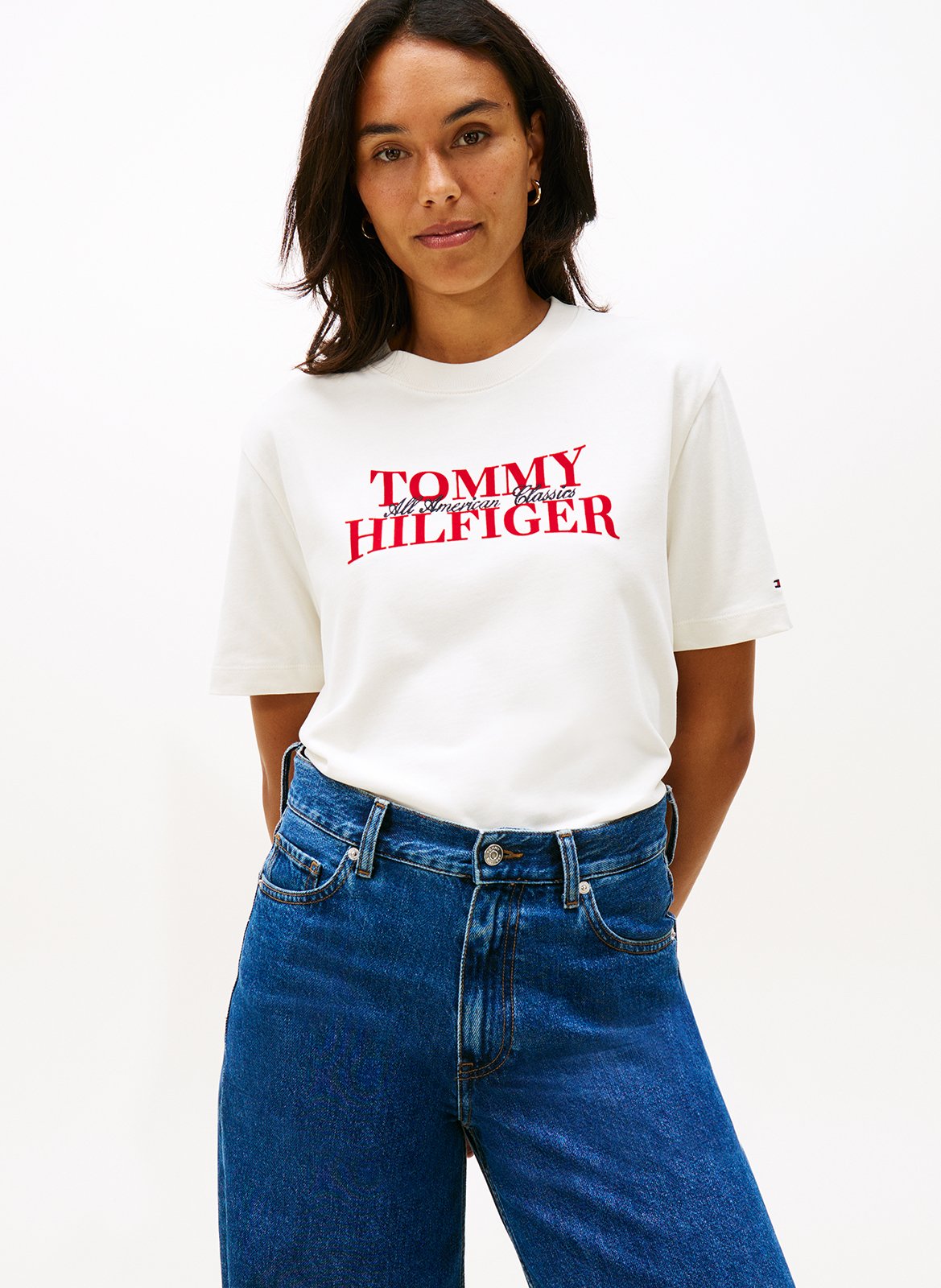 Straight embroidered cotton T-shirt TOMMY HILFIGER White