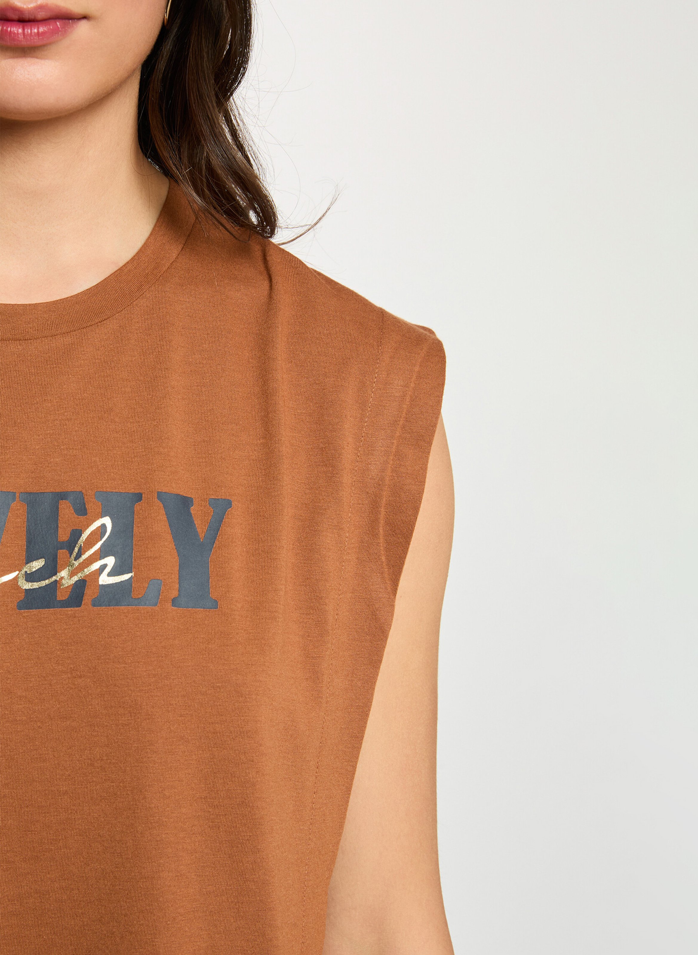 Mouwloos T-shirt met zeefdruk MORGAN Bruin