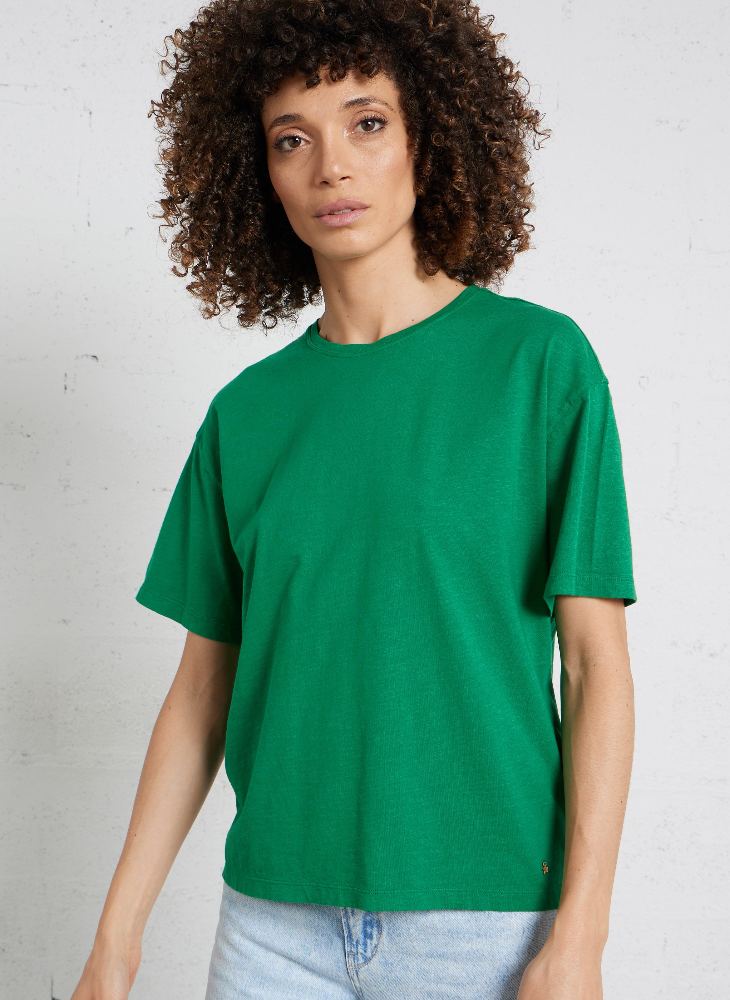 Tee-shirt droit col rond en coton DES PETITS HAUTS Vert