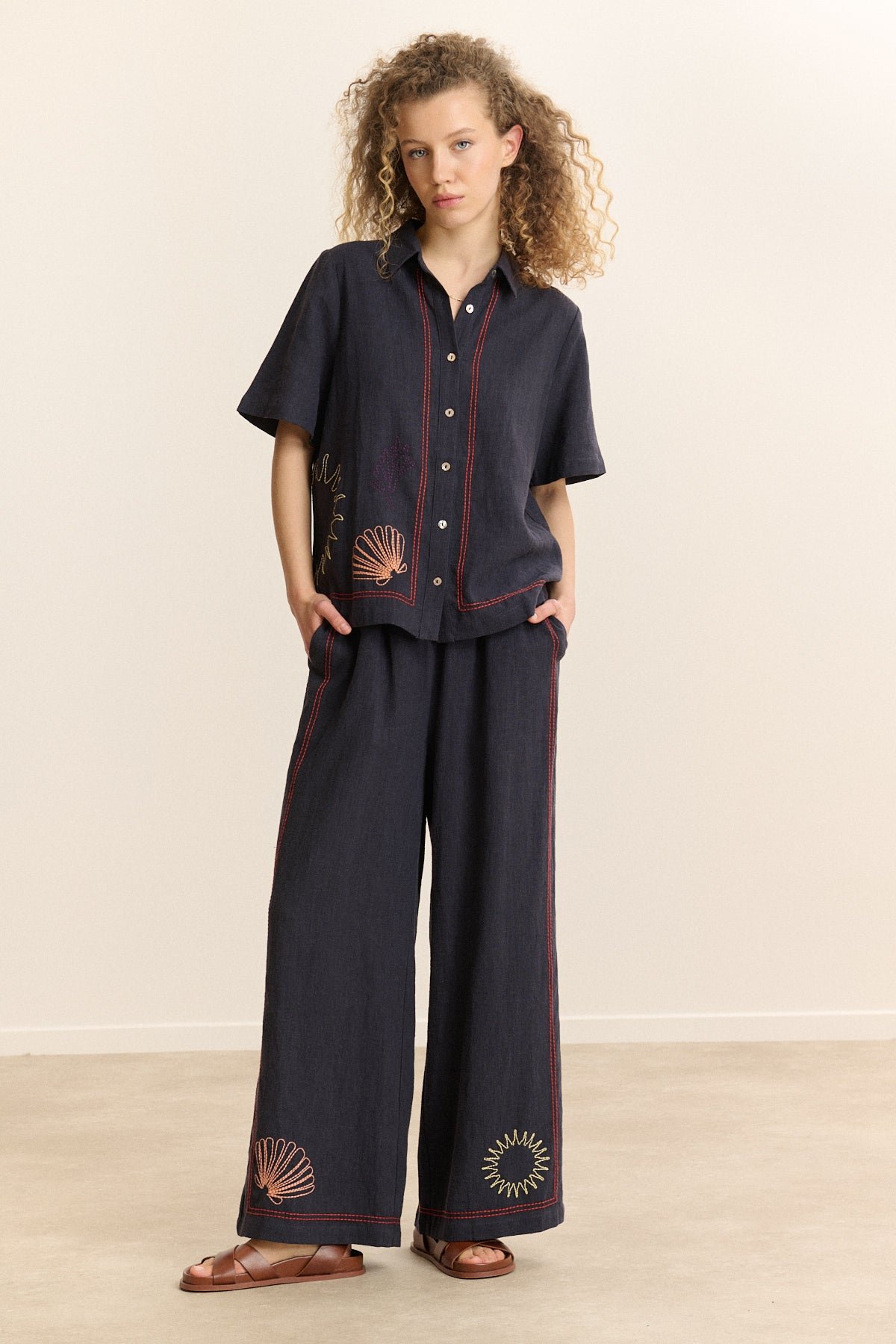 Wide elasticated trousers with embroidery GARANCE PARIS Blue