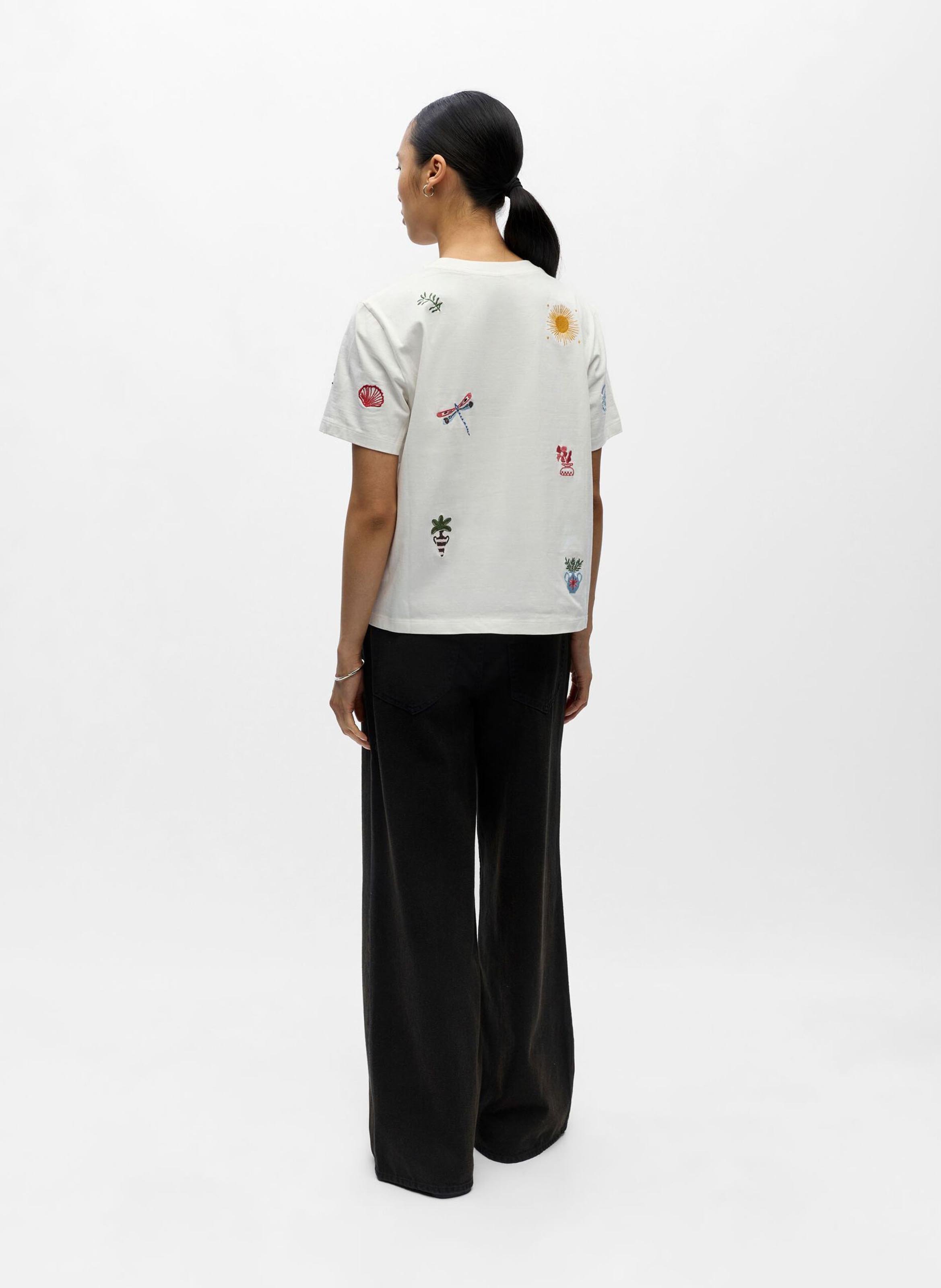 Straight-cut round-neck T-shirt in embroidered cotton OBJECT Beige