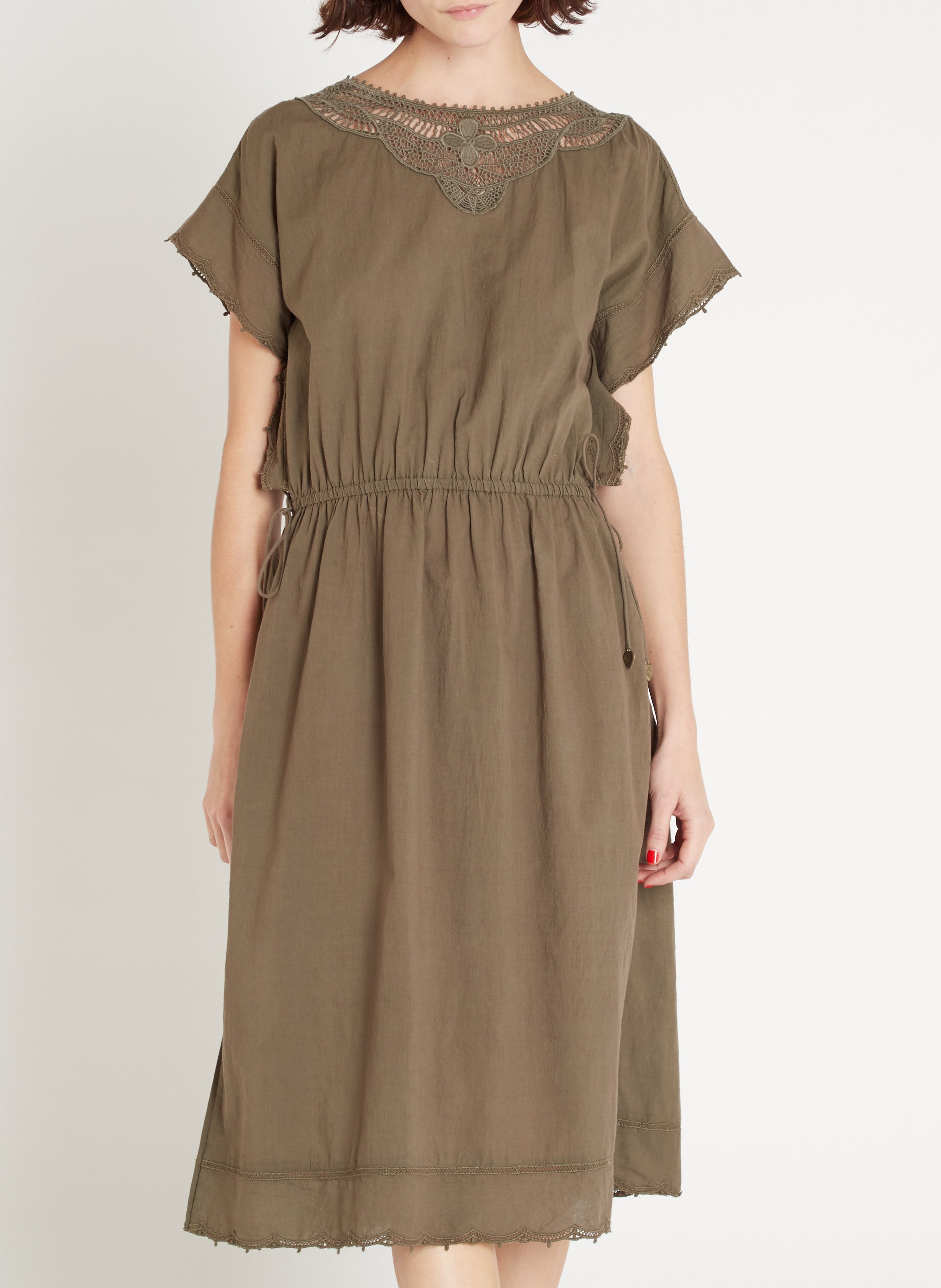 Robe midi cintrée brodée en coton SWILDENS Kaki