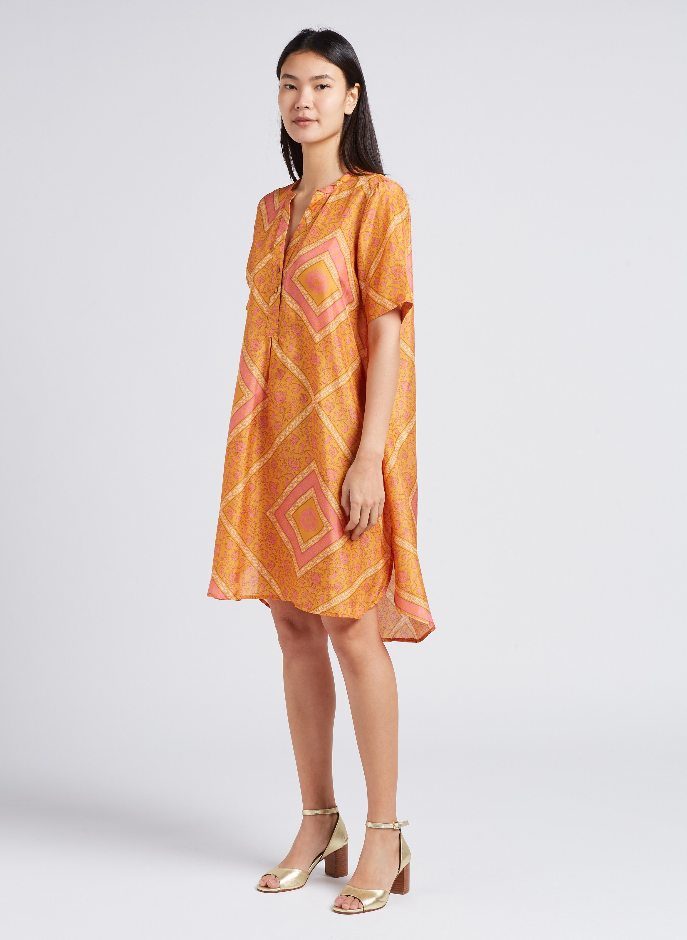 V-neck printed silk midi dress MOMONI Orange
