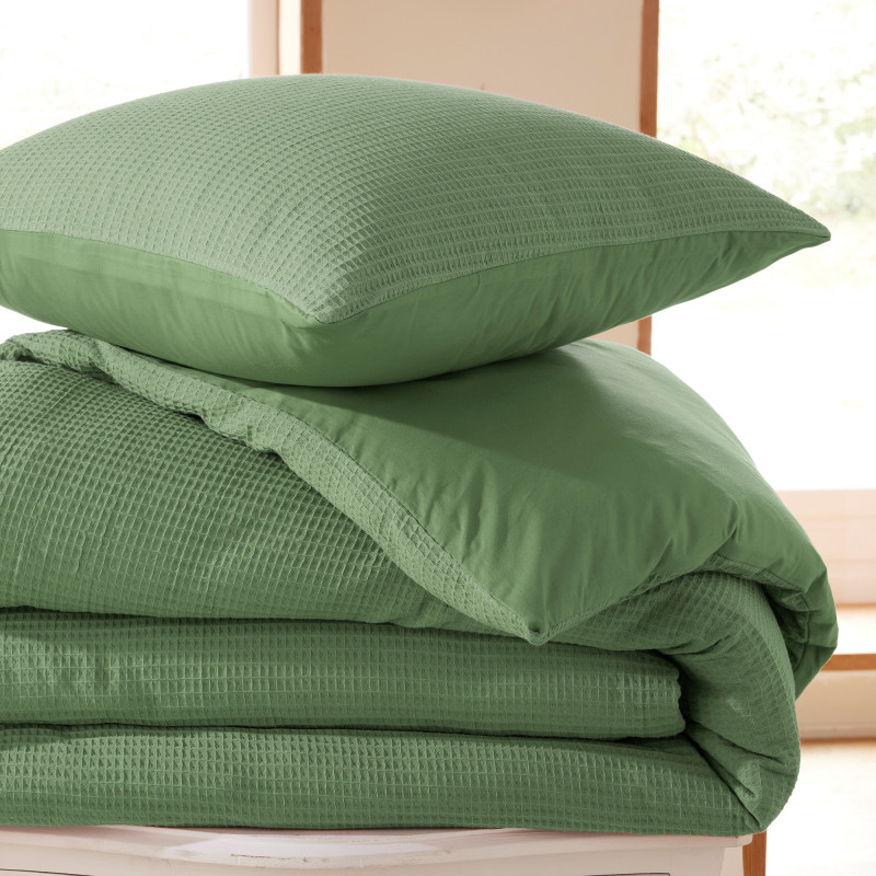 Honeycomb Duvet Cover Set 140 x 200 for Single Bed COTON PUR Green