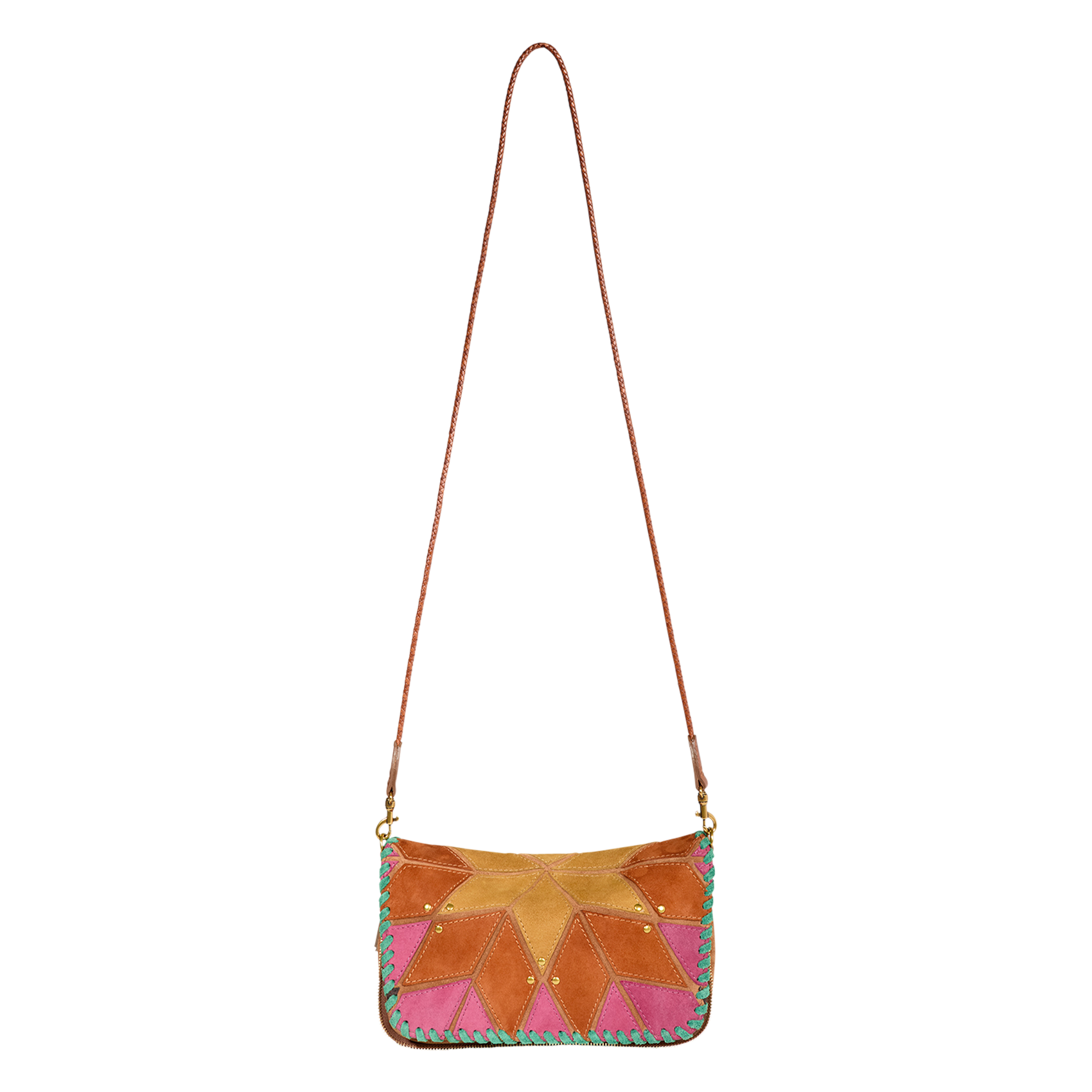 Umhängetasche mit fantasievollem Klappverschluss aus Leder Mehrfarbig