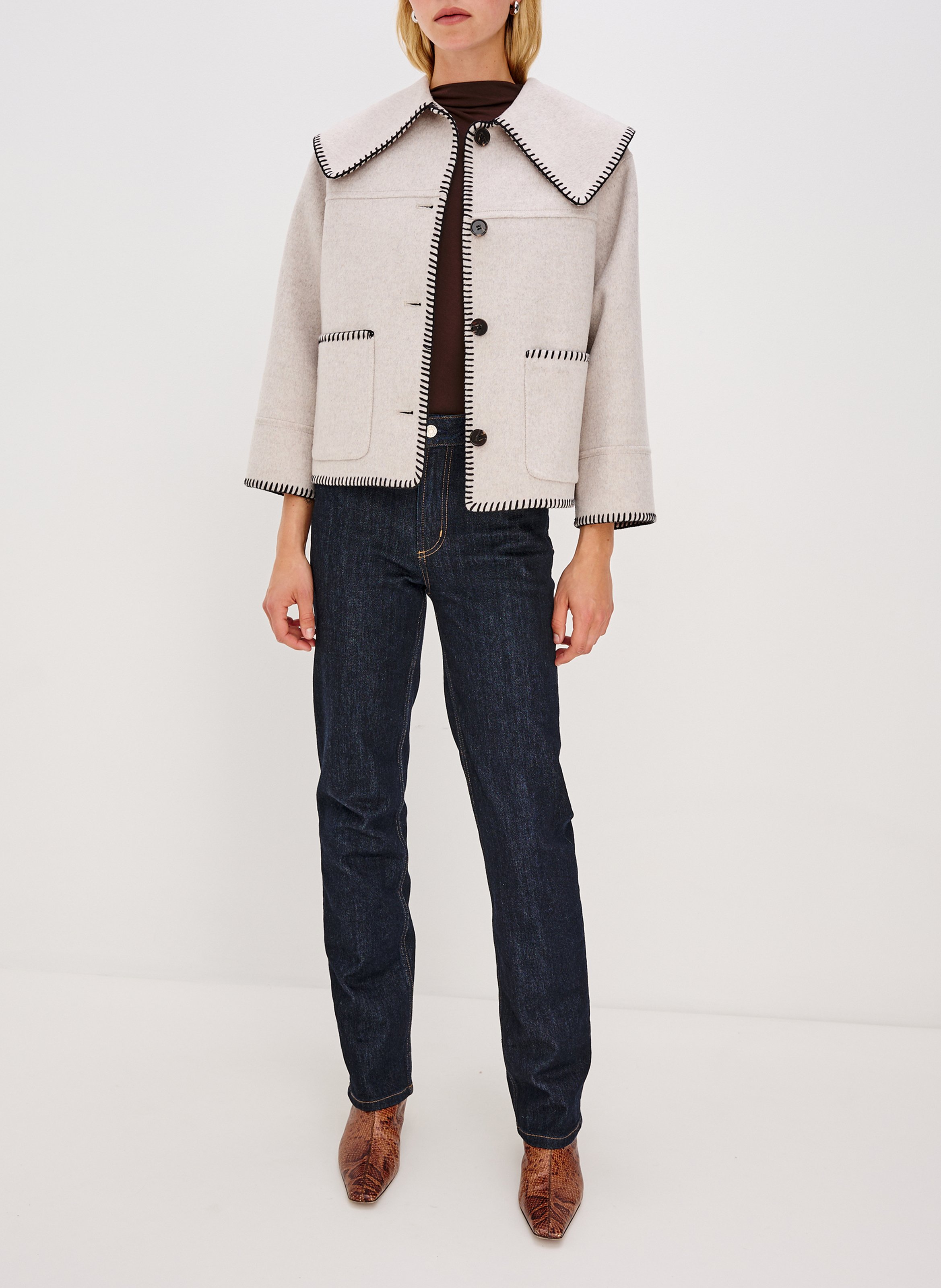 Veste droite unie à broderies en laine mélangée RAILS Beige