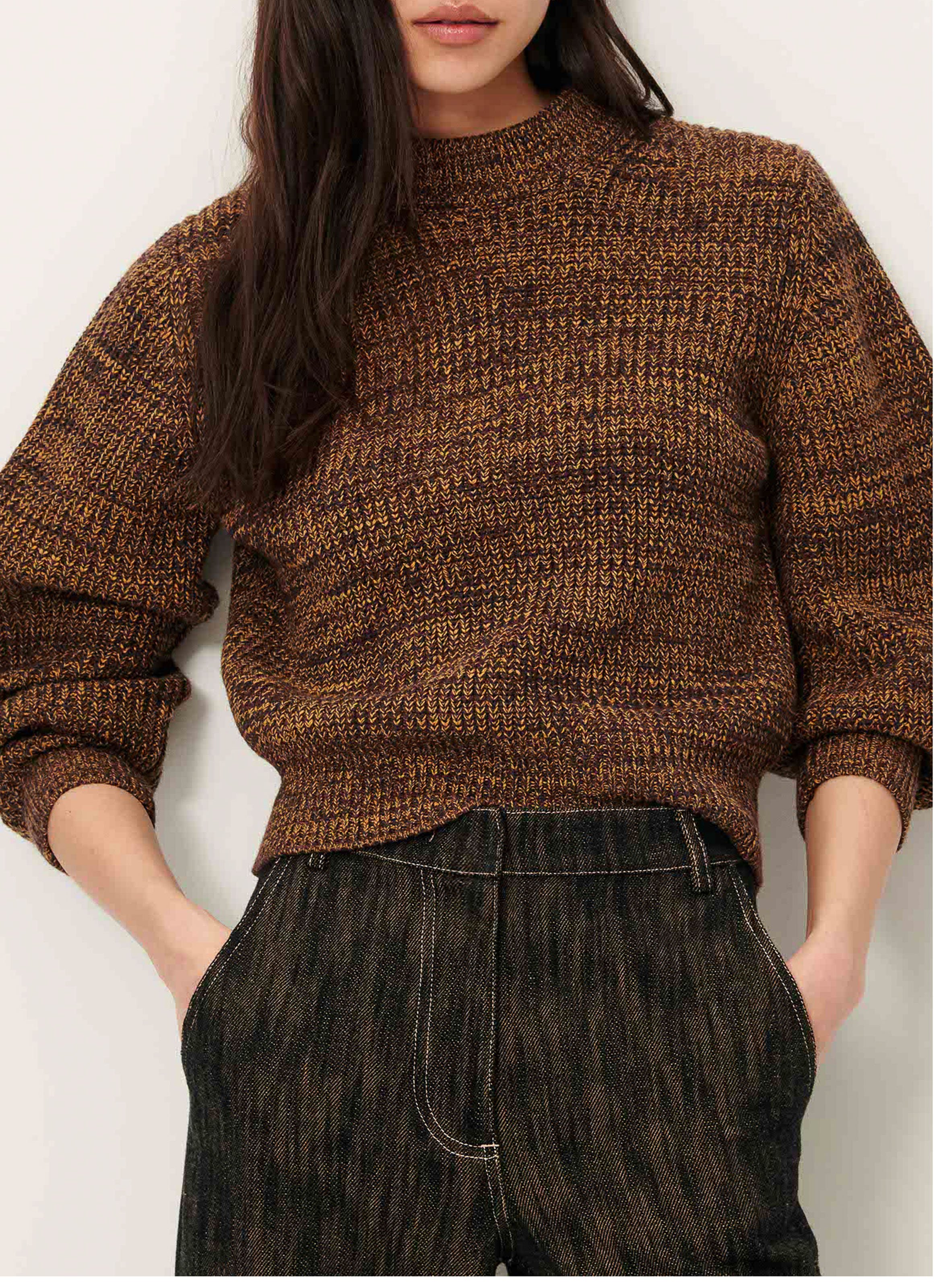 Pull ajusté col rond en maille mélangée SESSUN Marron