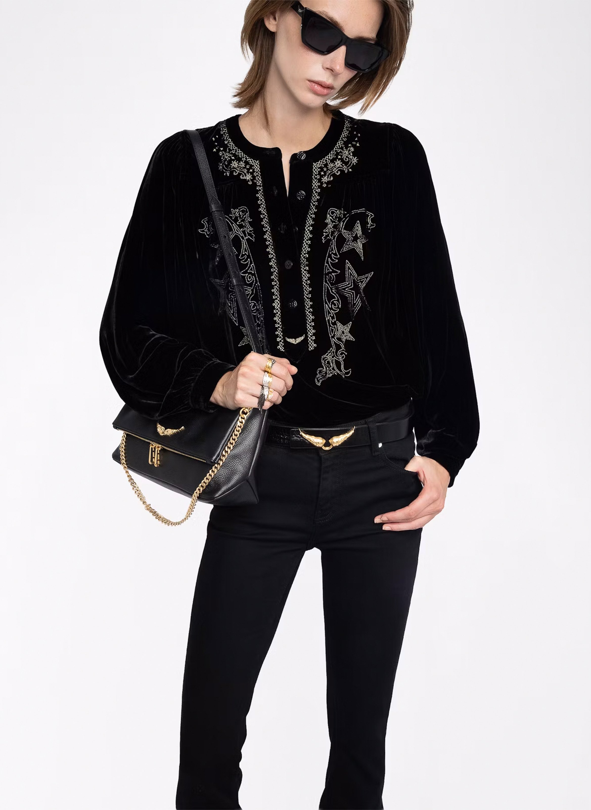 Blouse en velours brodéee col rond ZADIG&VOLTAIRE Noir