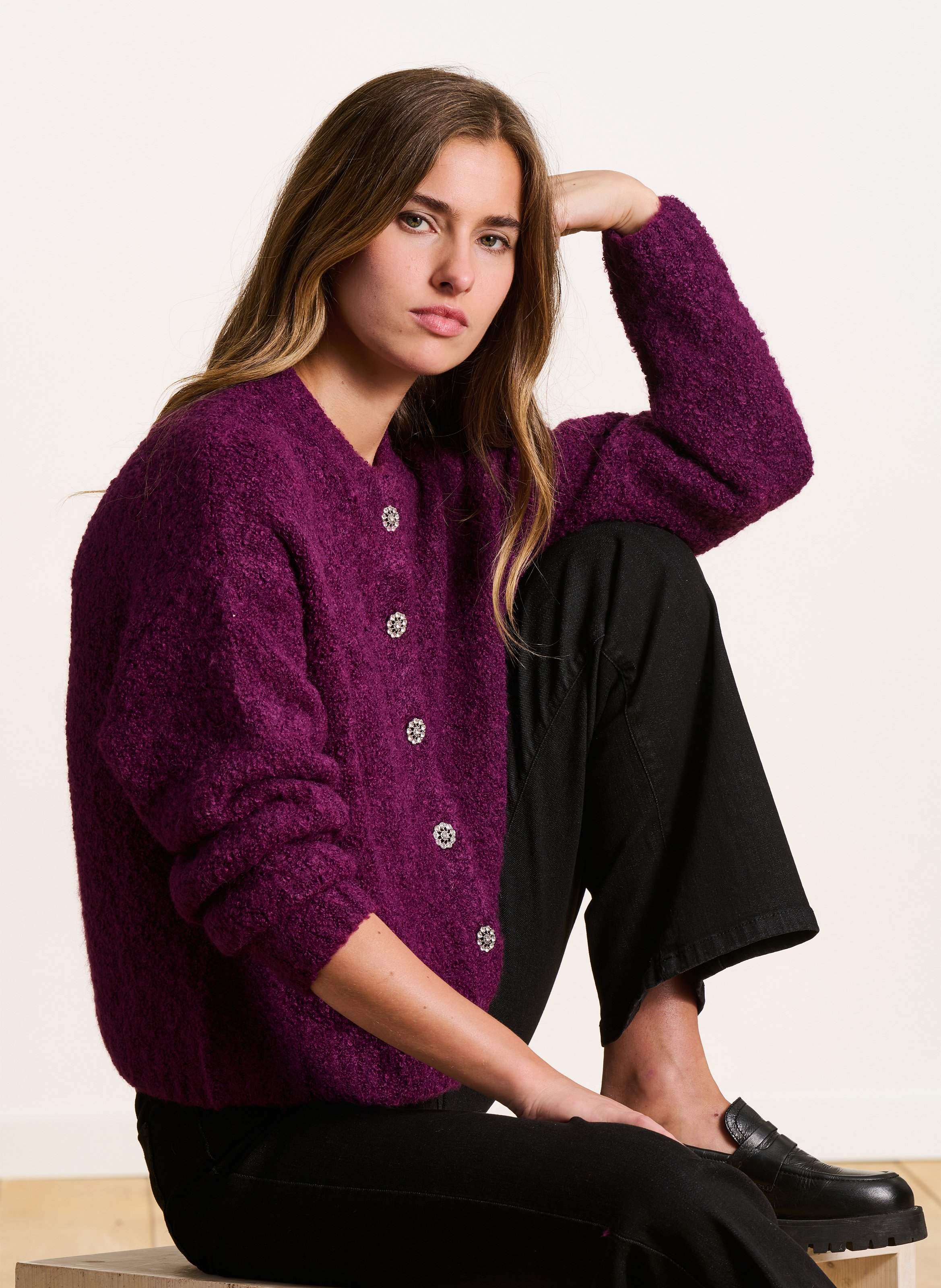 Straight round-neck cardigan in bouclé knit LA FEE MARABOUTEE Purple