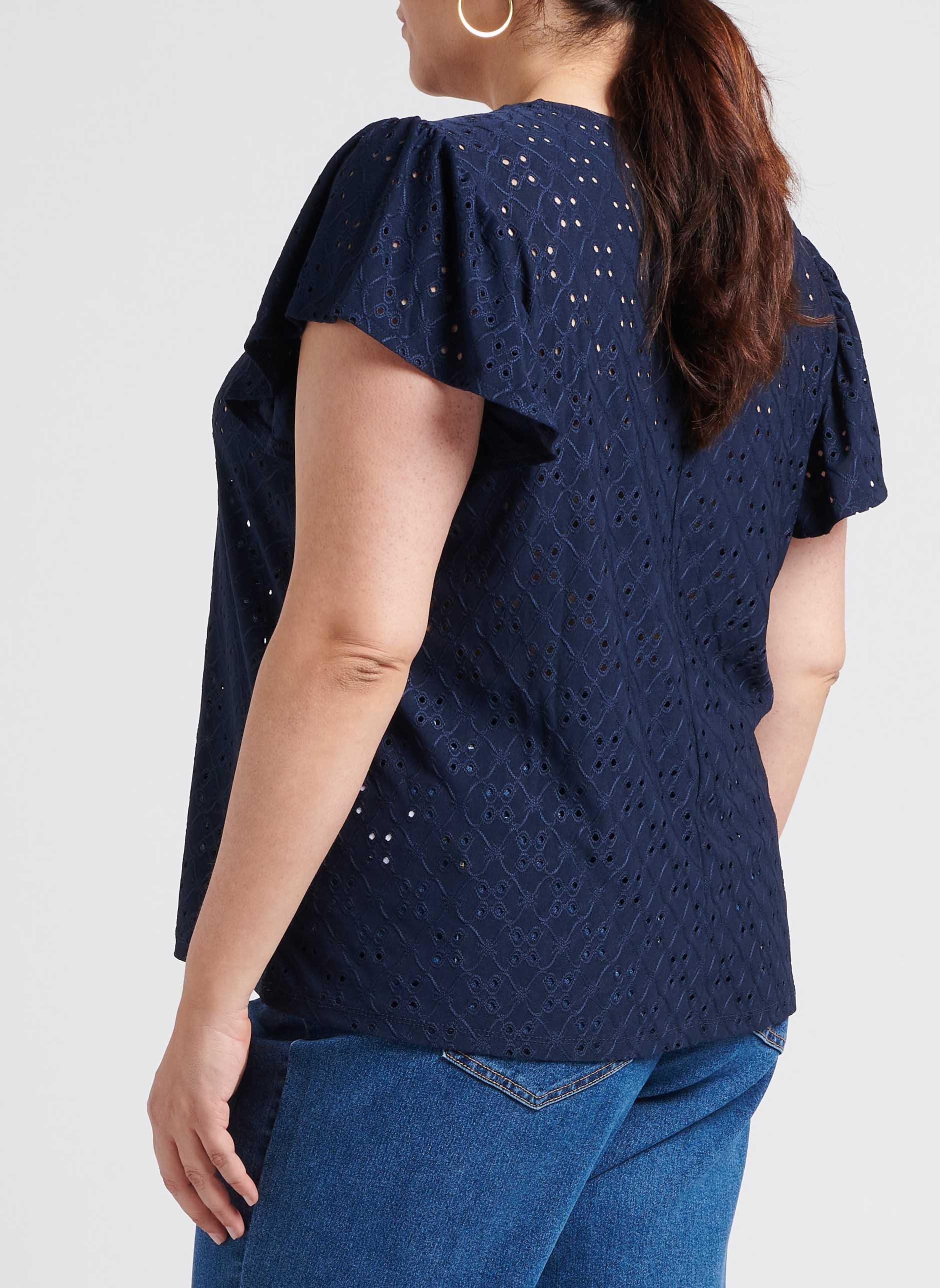 Top col rond broderies ajourées  EVOKED Bleu