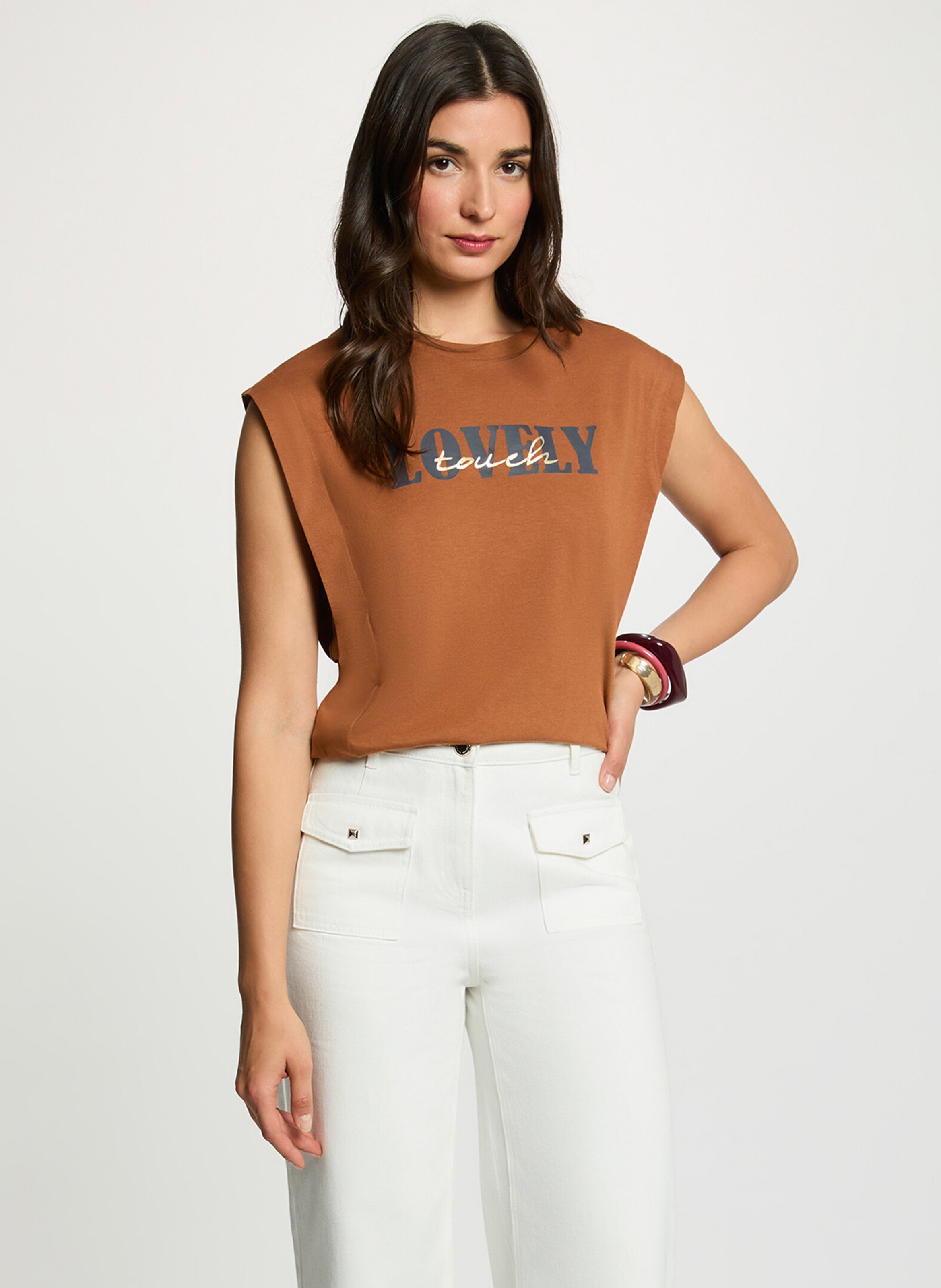 Mouwloos T-shirt met zeefdruk MORGAN Bruin