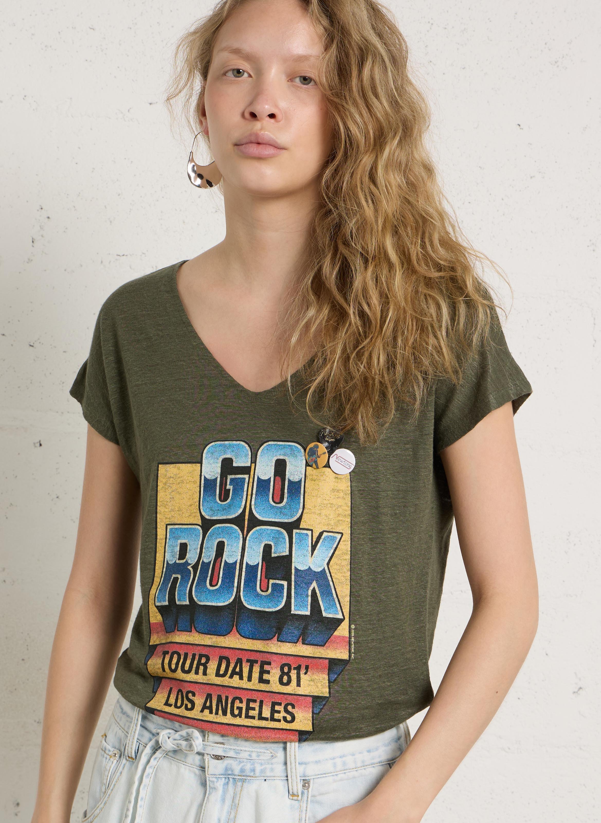 Tee-shirt droit col V en lin NEWTONE Kaki