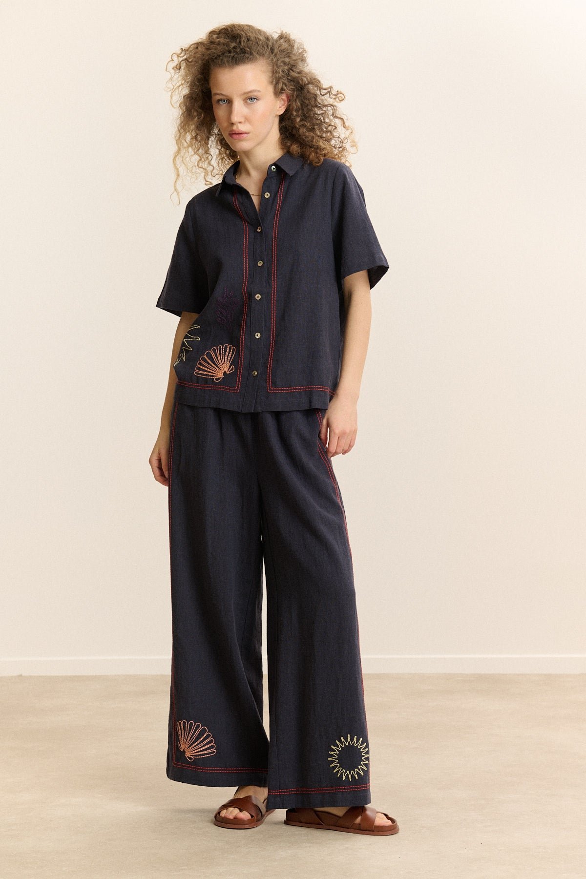 Wide elasticated trousers with embroidery GARANCE PARIS Blue
