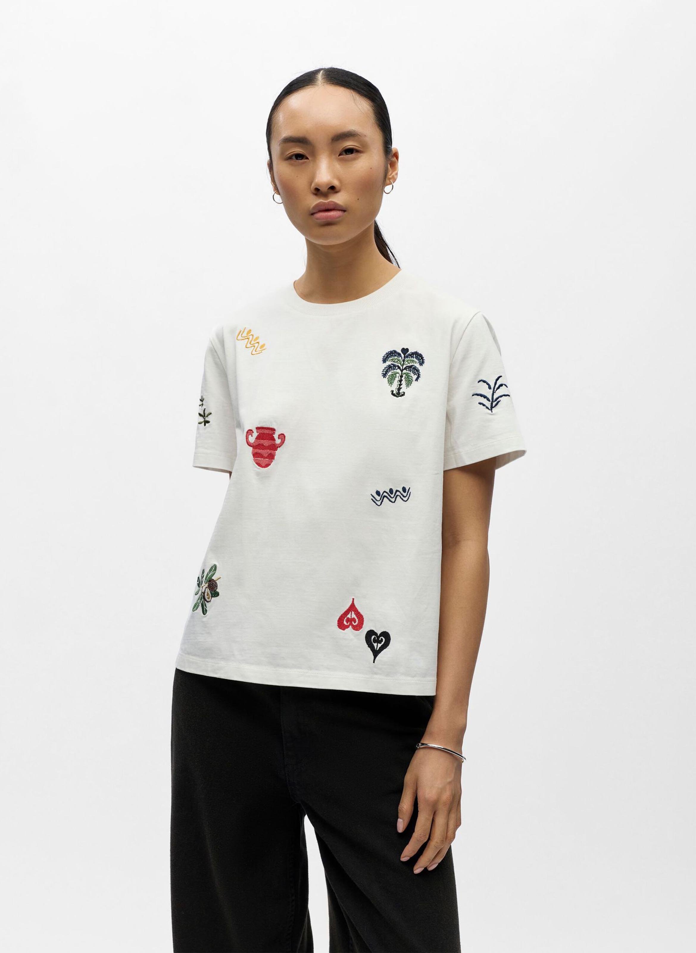 Straight-cut round-neck T-shirt in embroidered cotton OBJECT Beige