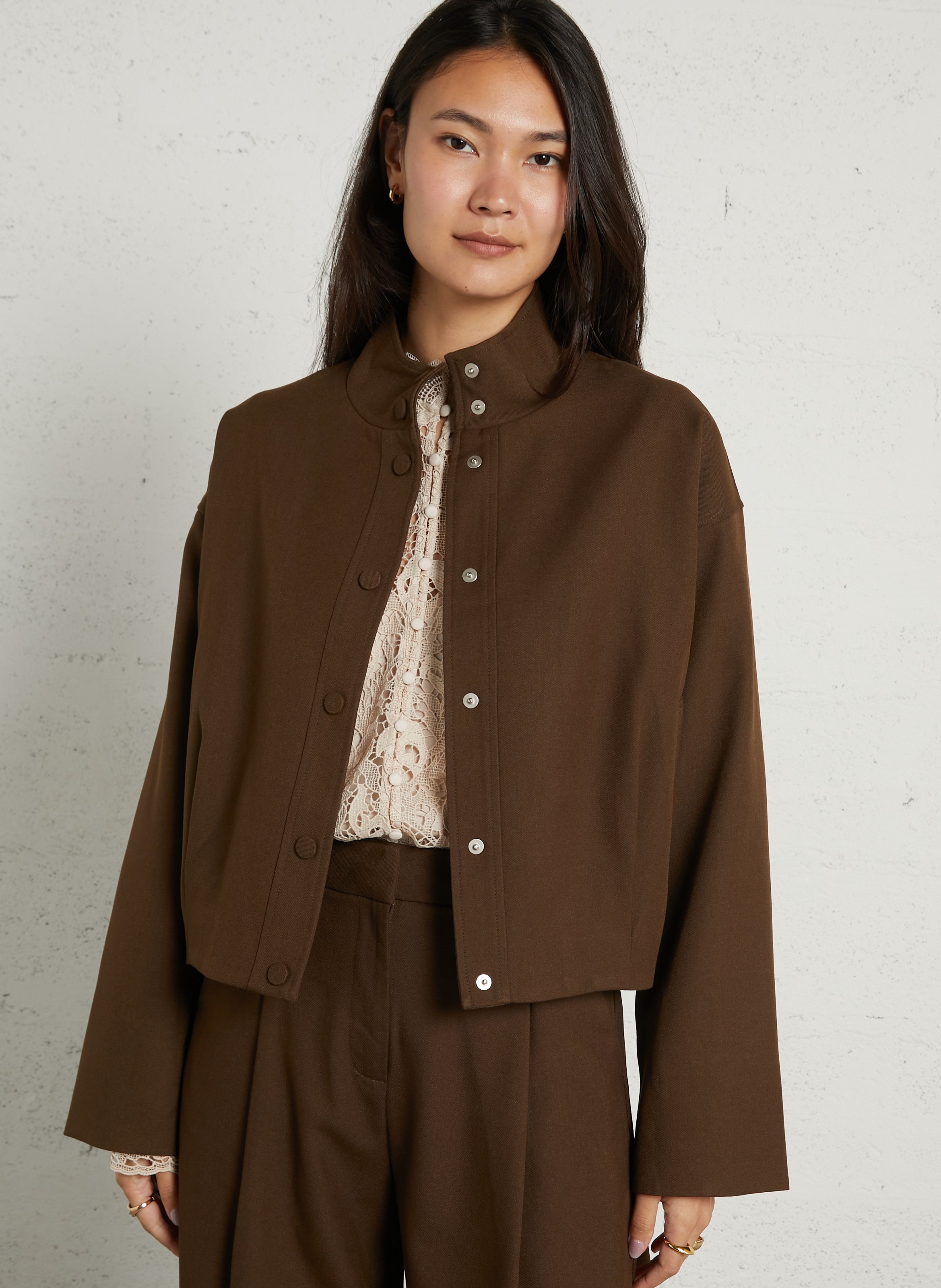 Oversized short solid color jacket SUNCOO Brown